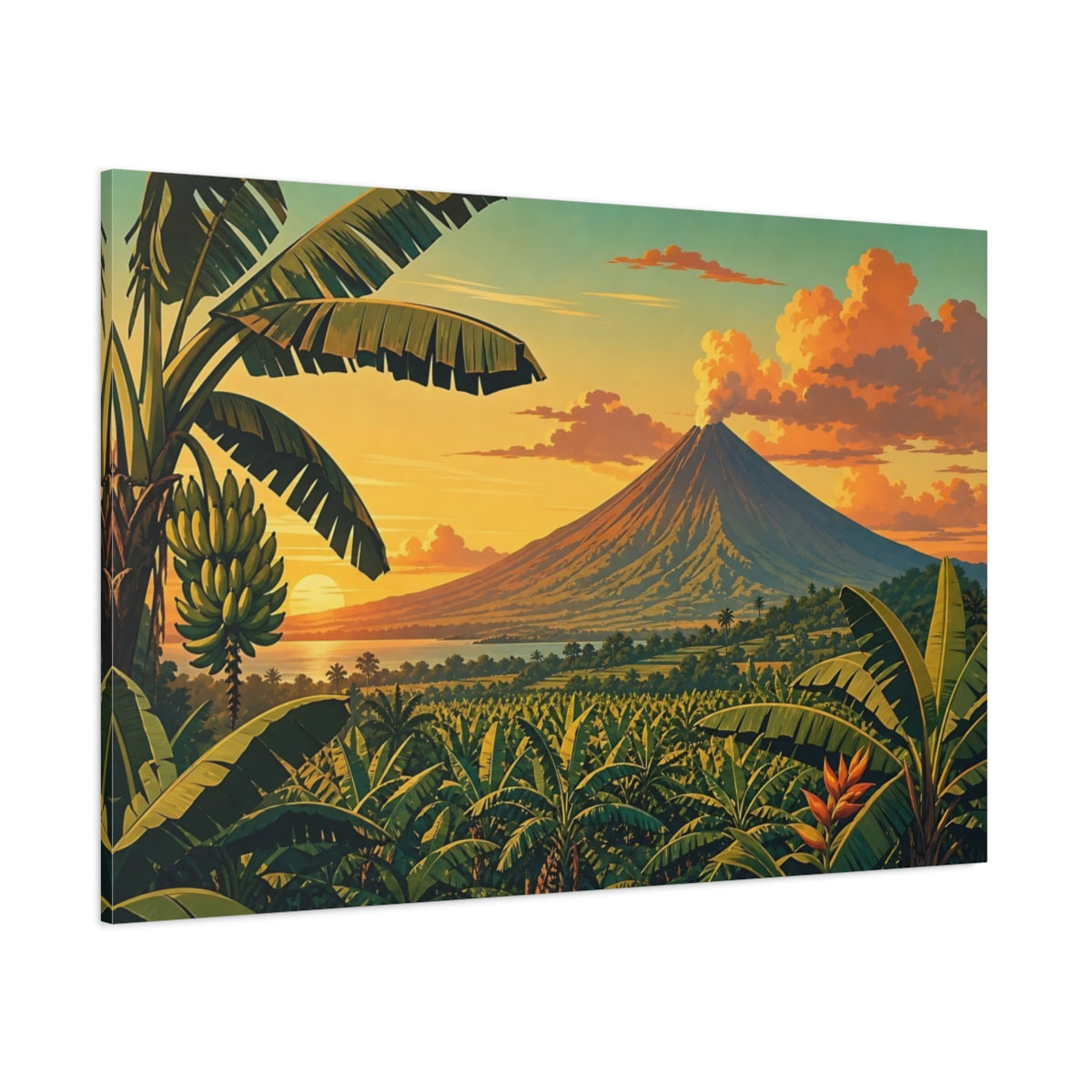 Side Mockup 1. Nature Volcano Orange Green Volcano shown as stretched canvas wall art