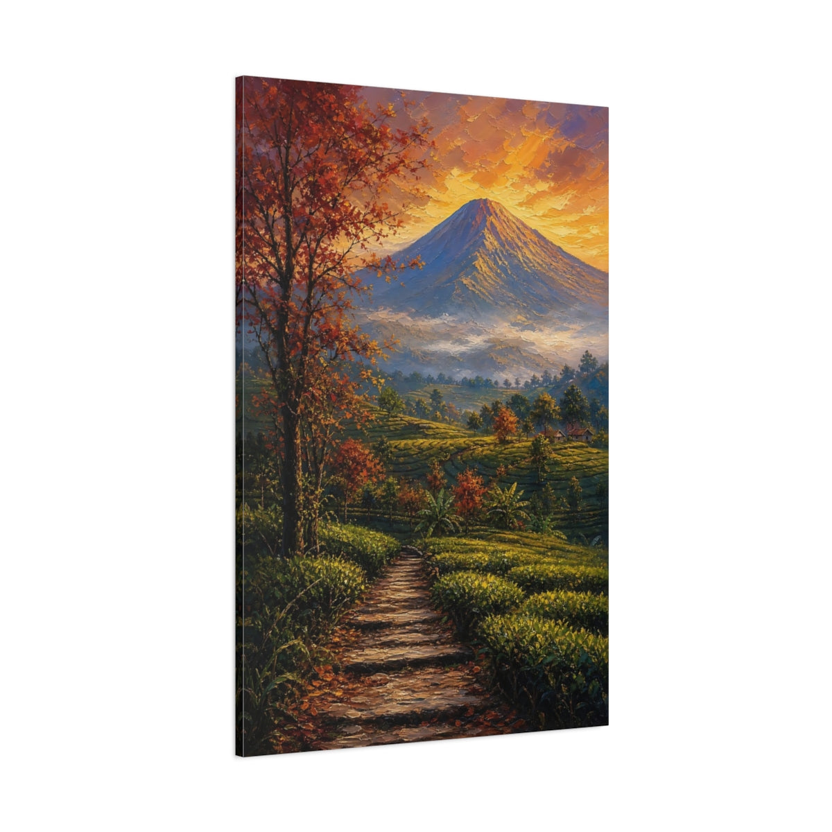 Side Mockup 1. Nature Volcano Orange Green shown as stretched canvas wall art