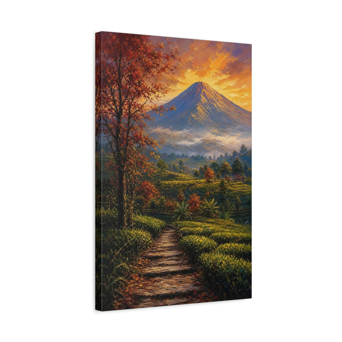 Side Mockup 3. Nature Volcano Orange Green shown as stretched canvas wall art
