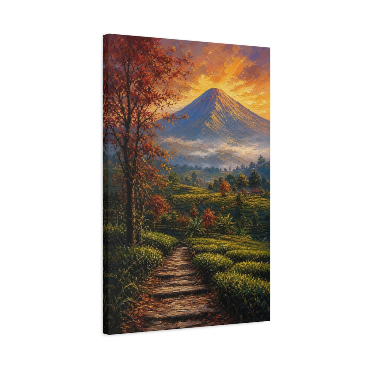 Side Mockup 2. Nature Volcano Orange Green shown as stretched canvas wall art