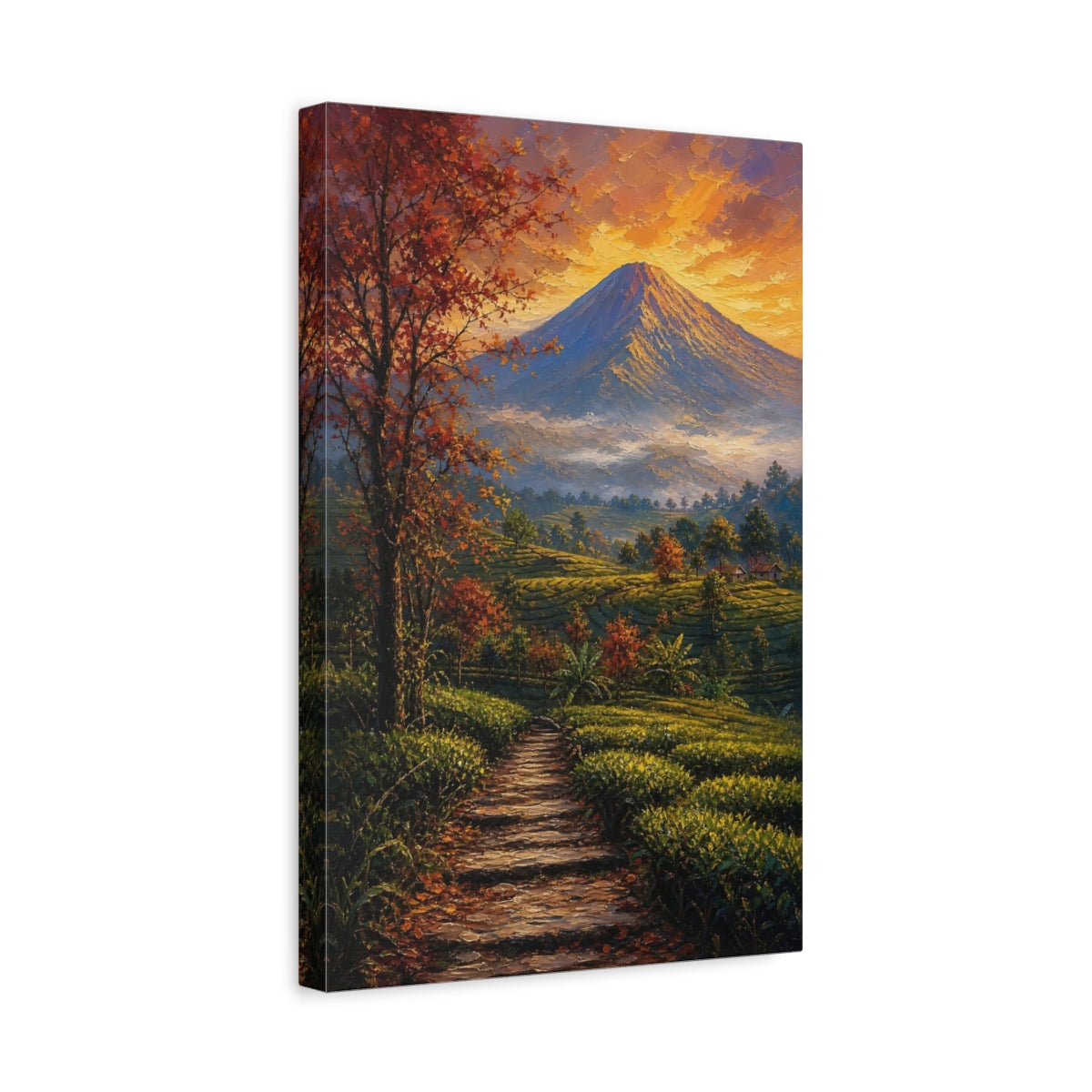 Side Mockup 4. Nature Volcano Orange Green shown as stretched canvas wall art