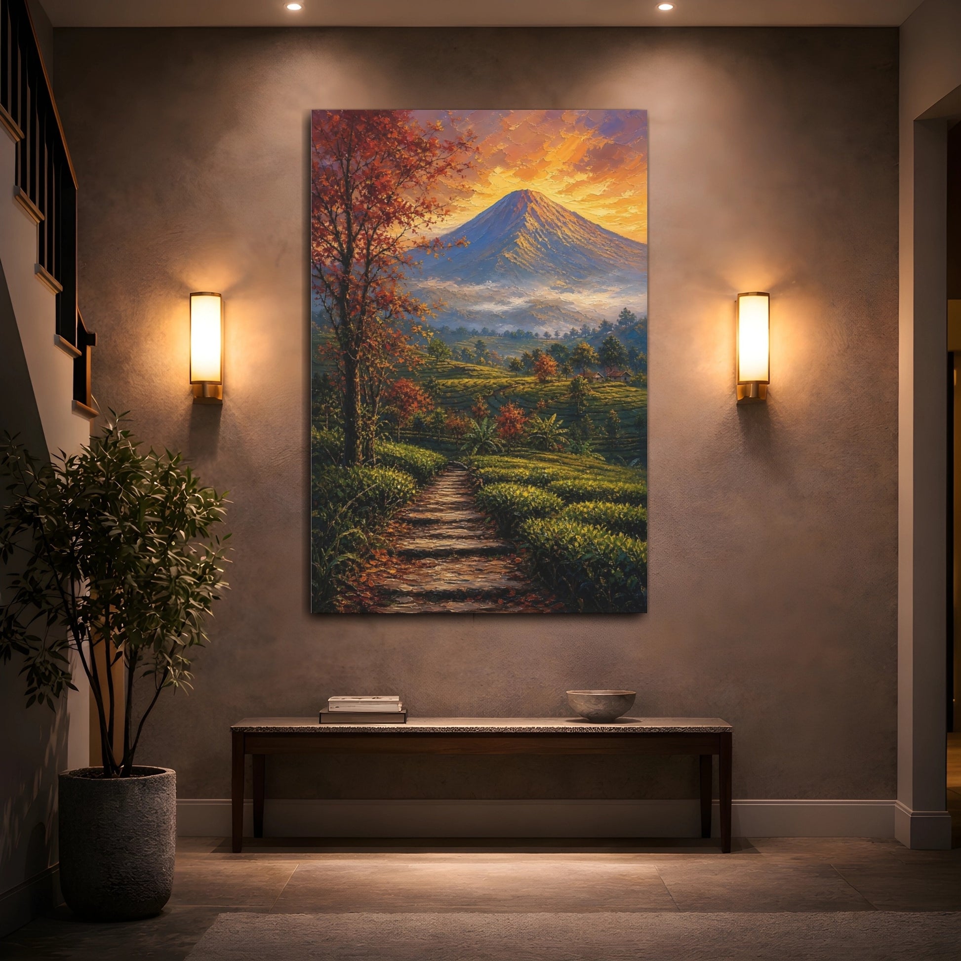 Mockup 2. Nature Volcano Orange Green shown as stretched canvas wall art