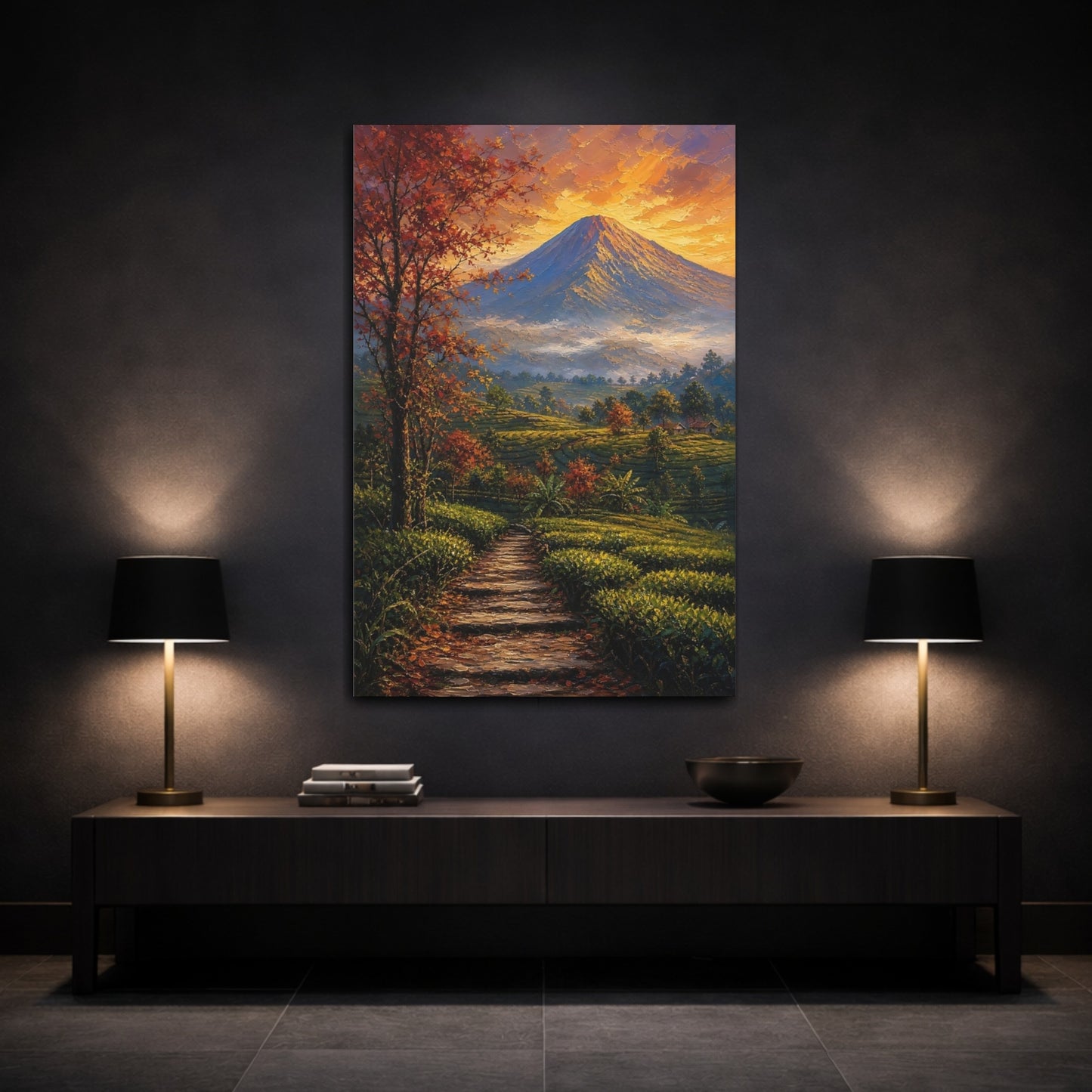 Mockup 3. Nature Volcano Orange Green shown as stretched canvas wall art