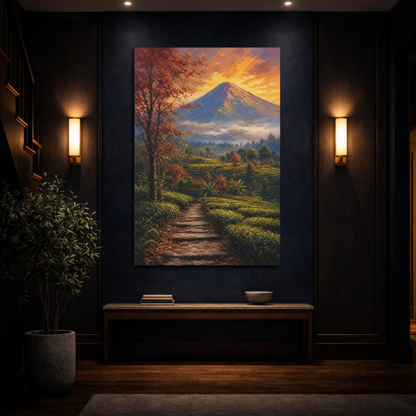 Mockup 4. Nature Volcano Orange Green shown as stretched canvas wall art