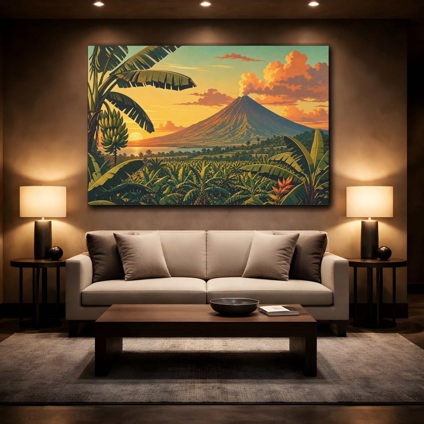 Mockup 2. Nature Volcano Orange Green Volcano shown as stretched canvas wall art