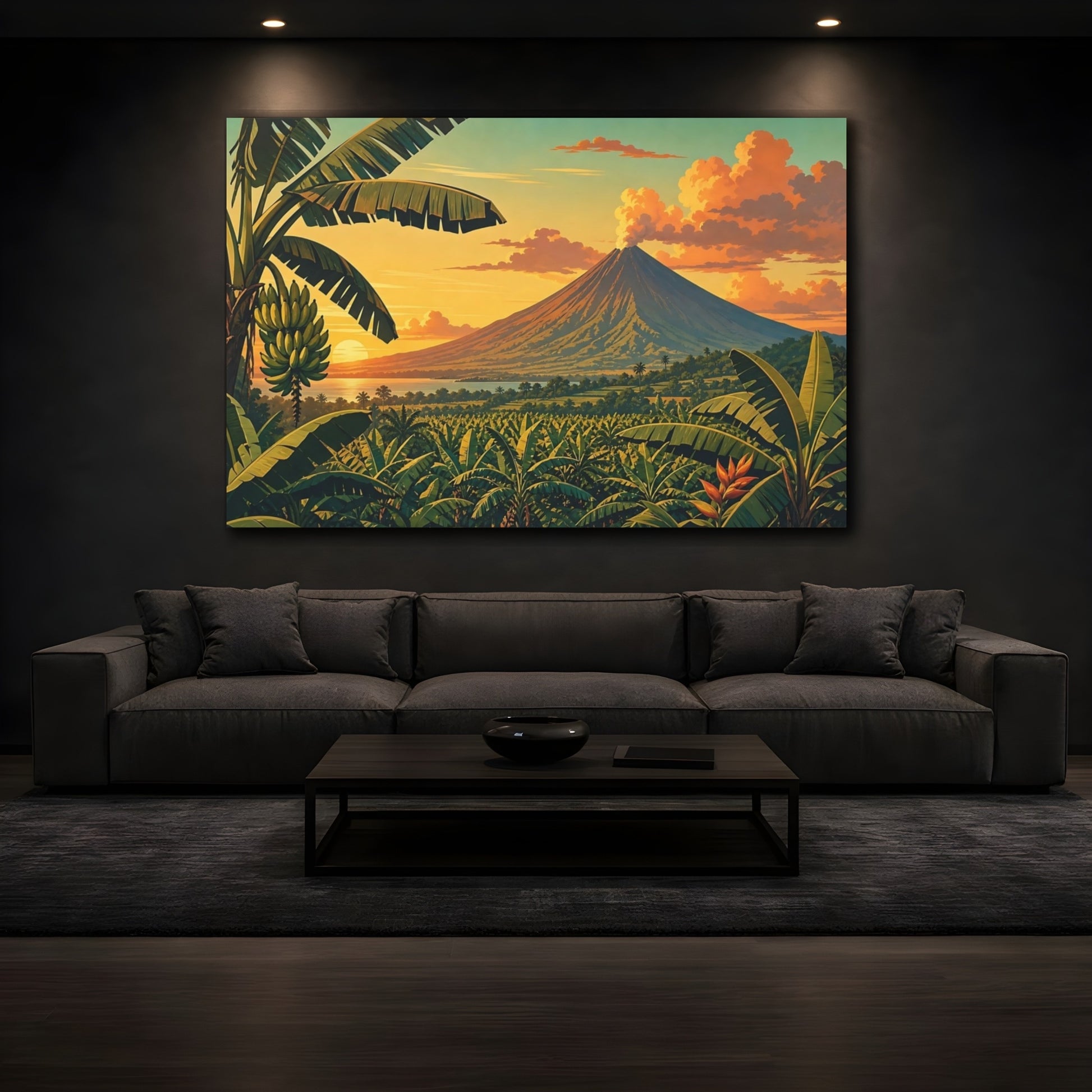 Mockup 3. Nature Volcano Orange Green Volcano shown as stretched canvas wall art