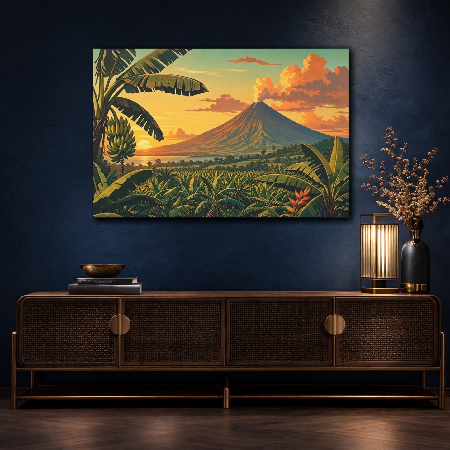 Mockup 4. Nature Volcano Orange Green Volcano shown as stretched canvas wall art