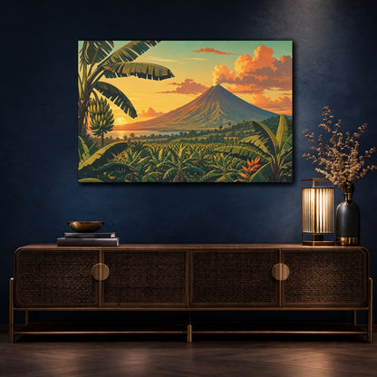 Mockup 4. Nature Volcano Orange Green Volcano shown as stretched canvas wall art