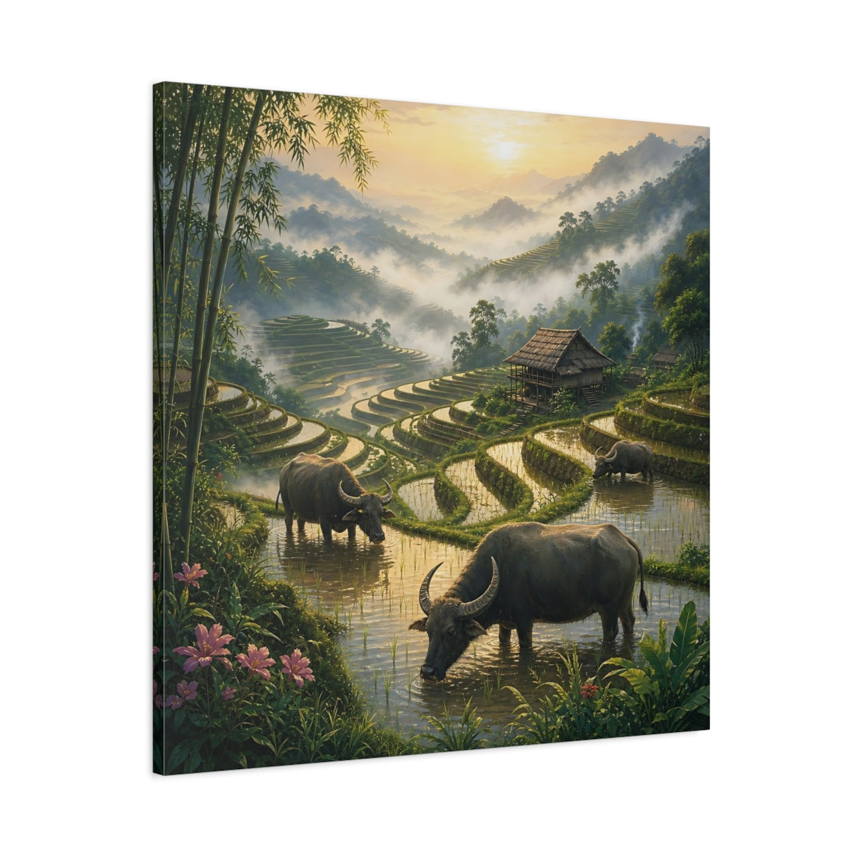 Main Mockup. Nature Water Buffalo Misty Rice Paddies shown as stretched canvas wall art
