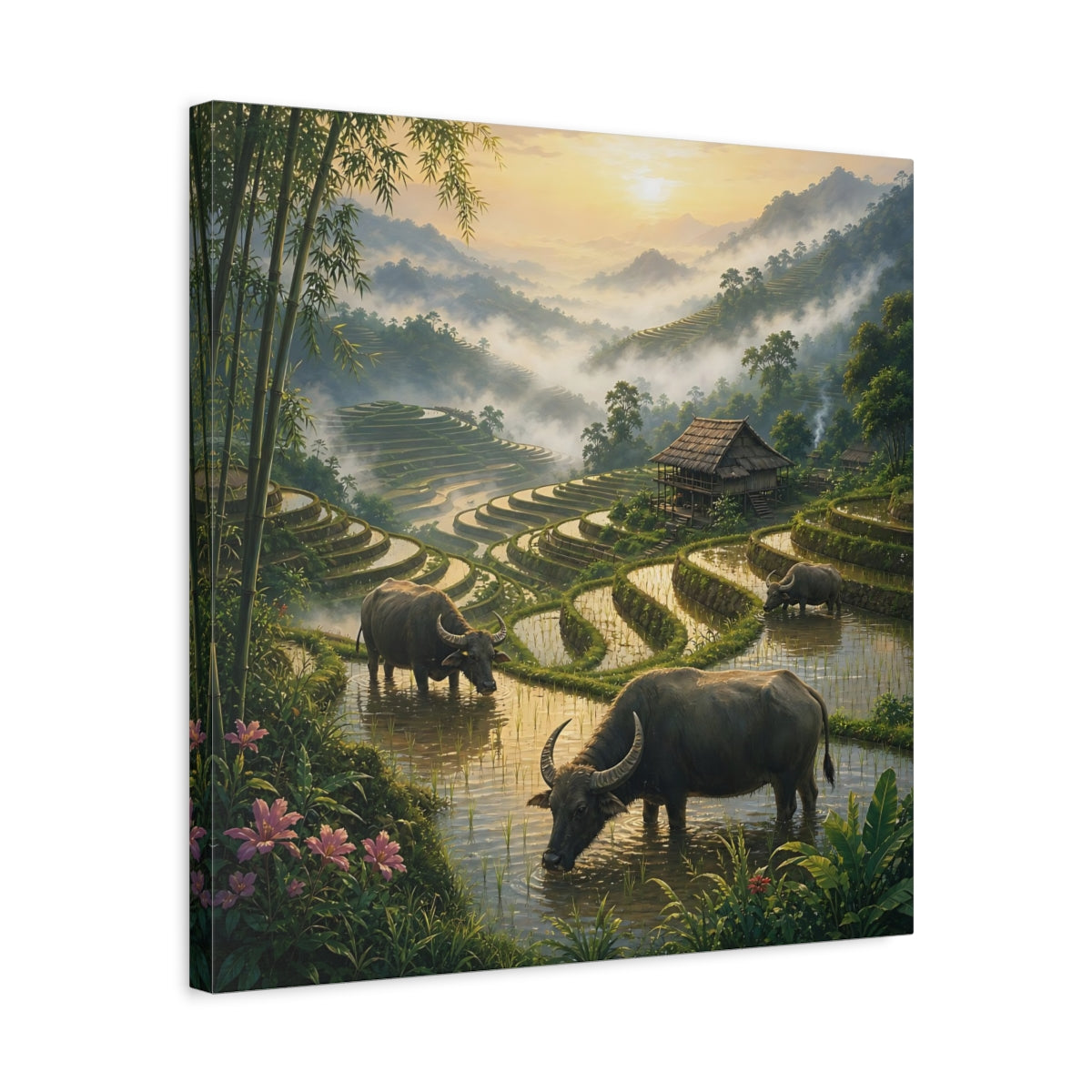 Side Mockup 5. Nature Water Buffalo Misty Rice Paddies shown as stretched canvas wall art