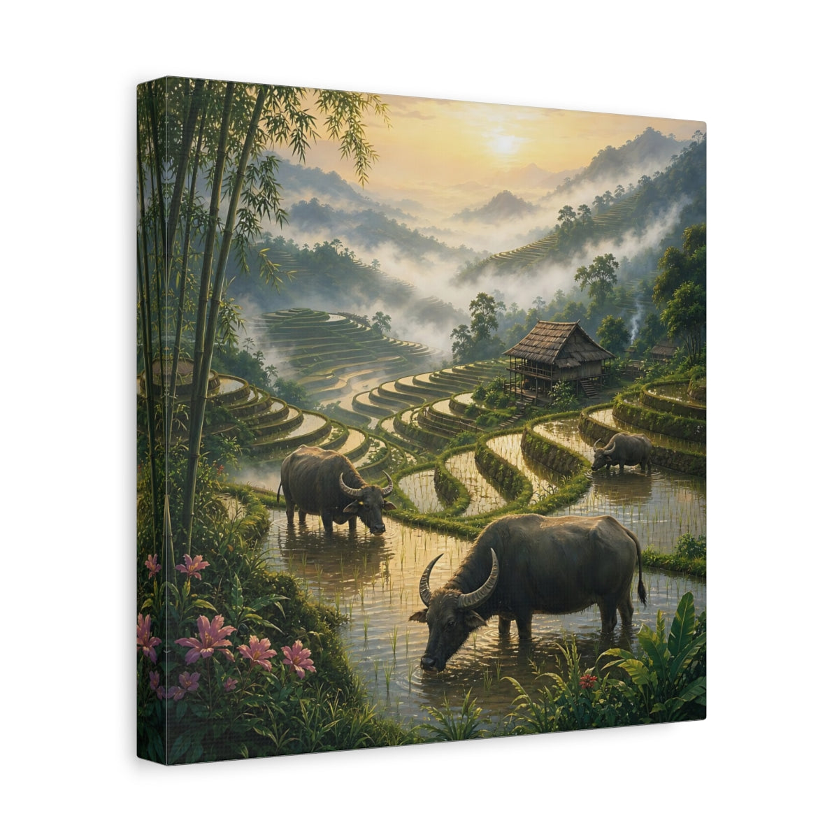Side Mockup 8. Nature Water Buffalo Misty Rice Paddies shown as stretched canvas wall art