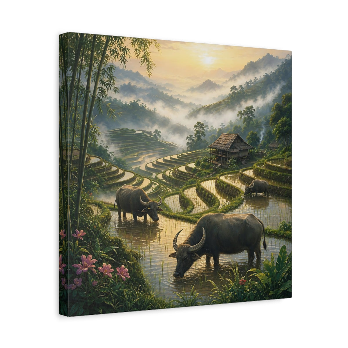 Side Mockup 6. Nature Water Buffalo Misty Rice Paddies shown as stretched canvas wall art