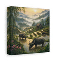Side Mockup 2. Nature Water Buffalo Misty Rice Paddies shown as stretched canvas wall art
