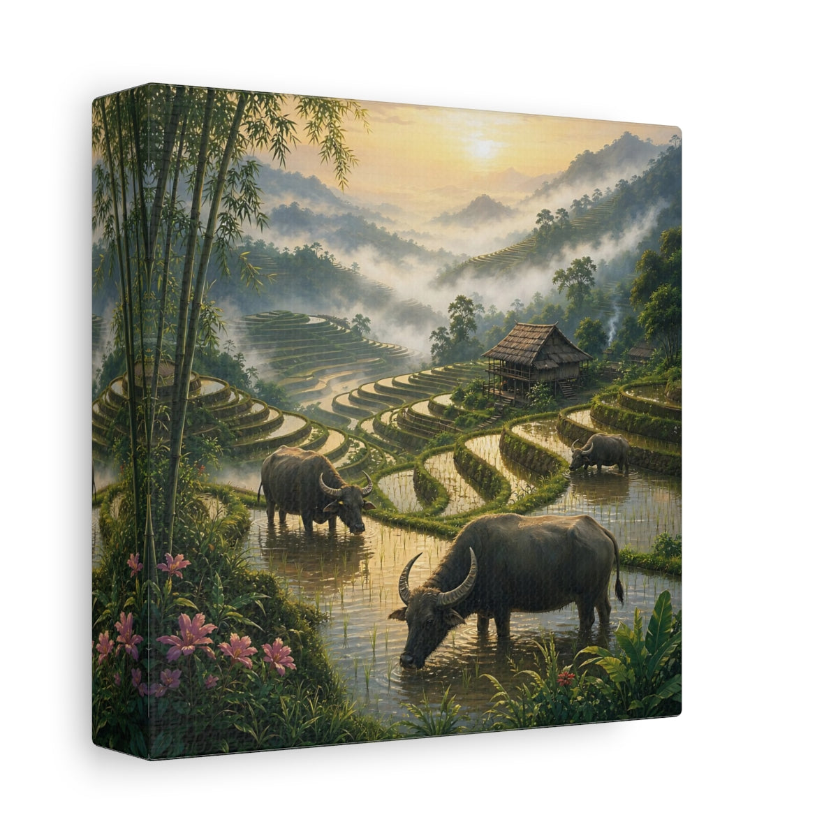 Side Mockup 2. Nature Water Buffalo Misty Rice Paddies shown as stretched canvas wall art