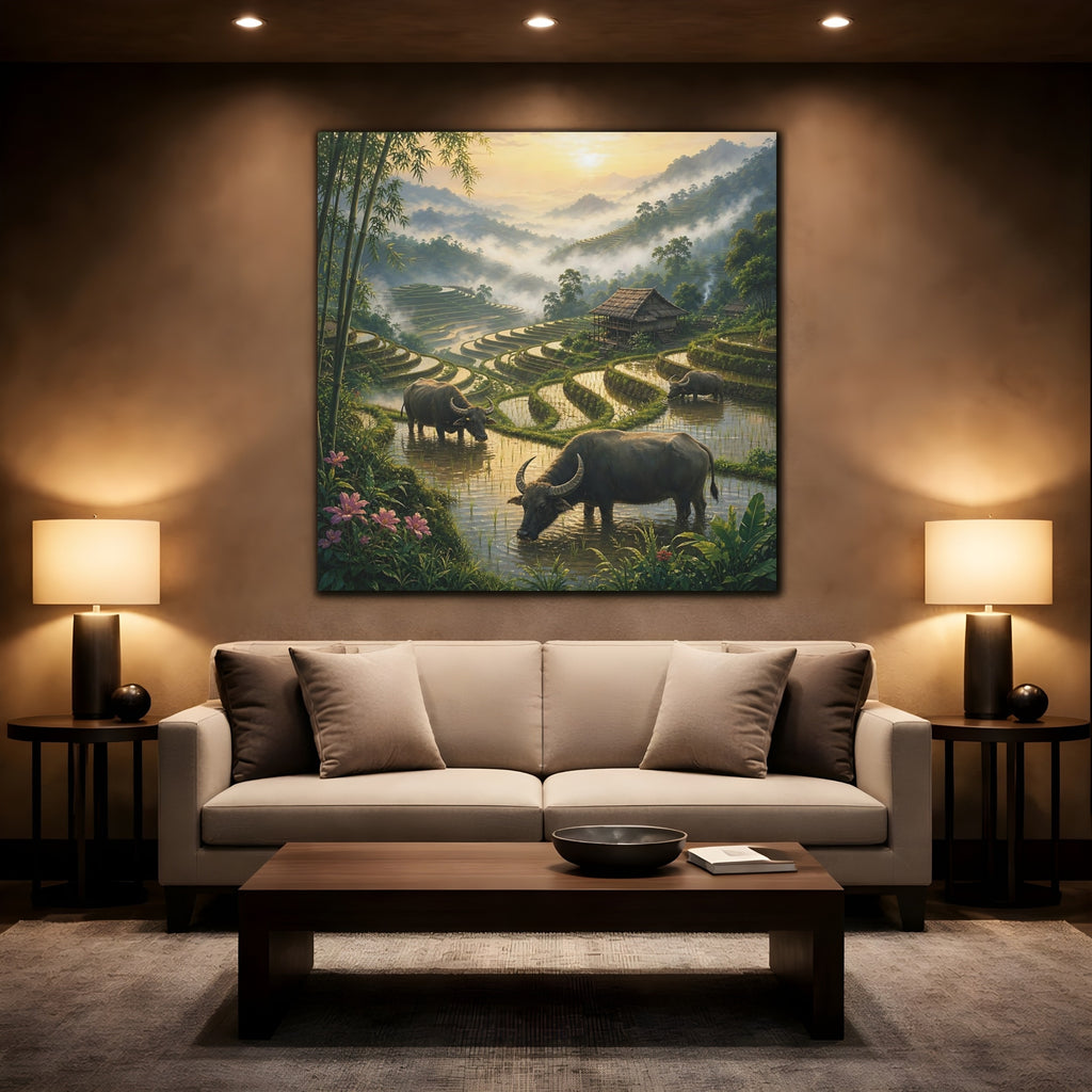 Mockup 2. Nature Water Buffalo Misty Rice Paddies shown as stretched canvas wall art