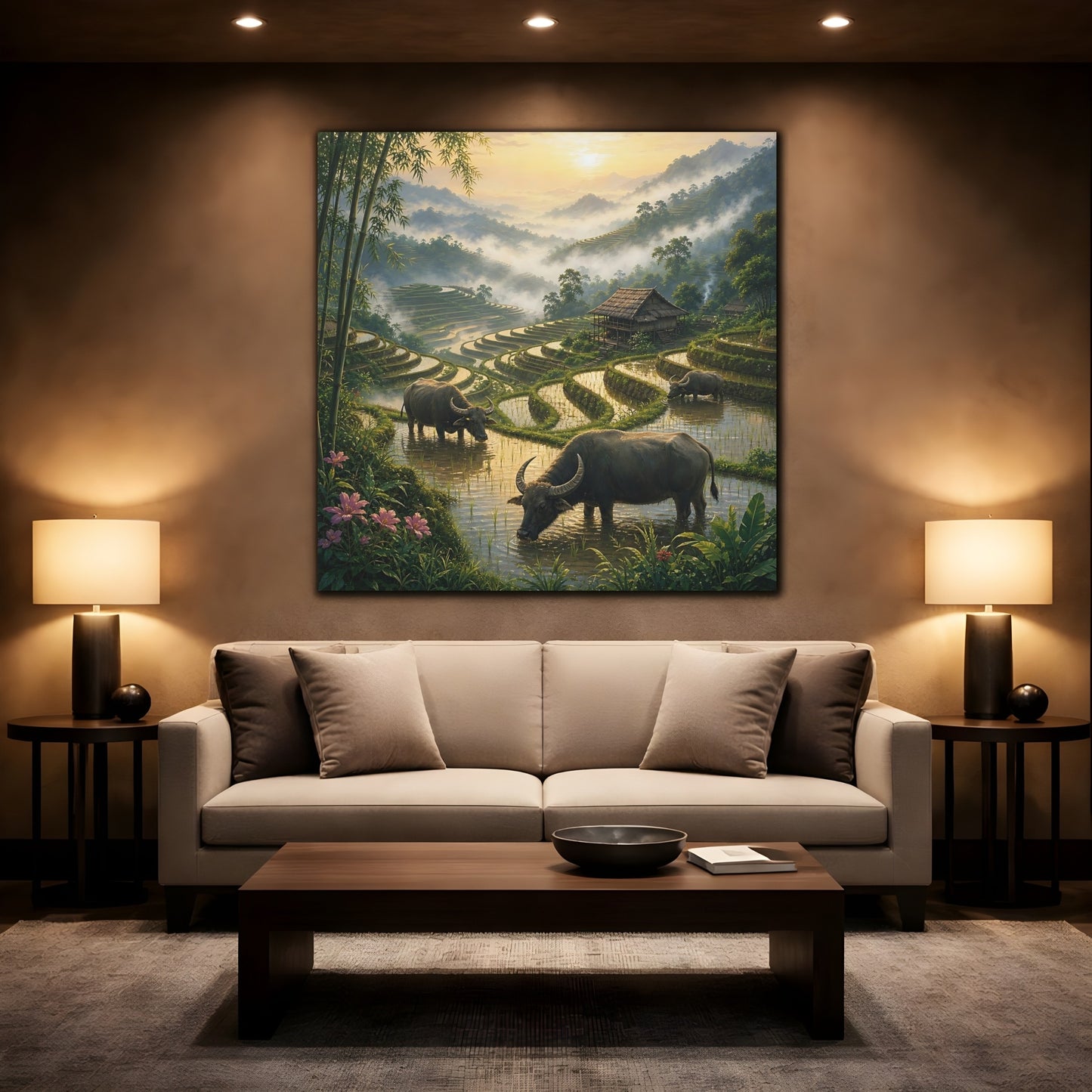 Mockup 2. Nature Water Buffalo Misty Rice Paddies shown as stretched canvas wall art