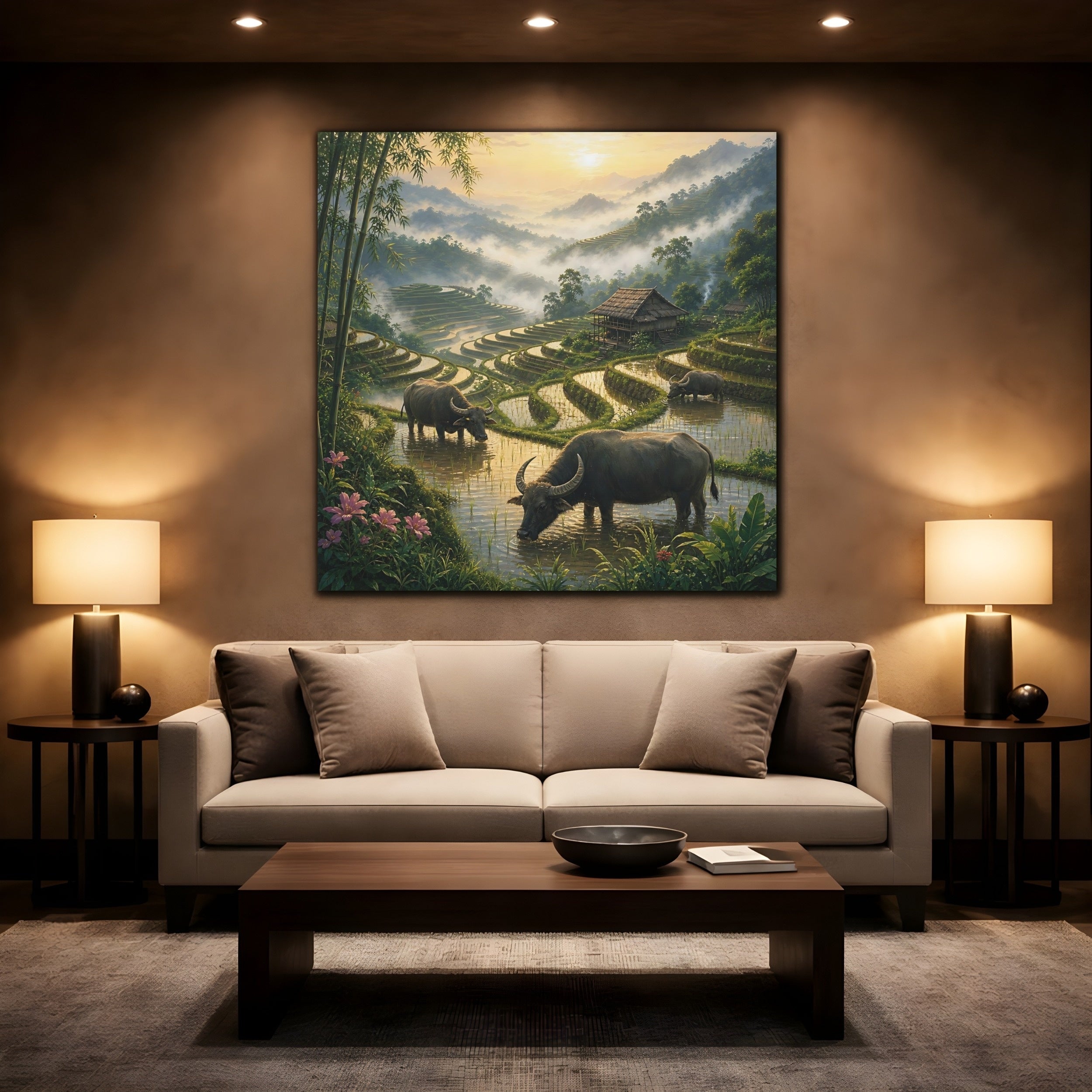 Mockup 2. Nature Water Buffalo Misty Rice Paddies shown as stretched canvas wall art