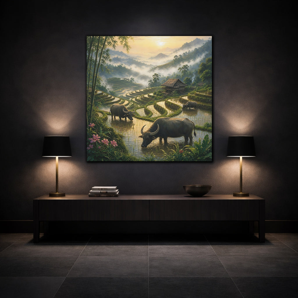 Mockup 3. Nature Water Buffalo Misty Rice Paddies shown as stretched canvas wall art