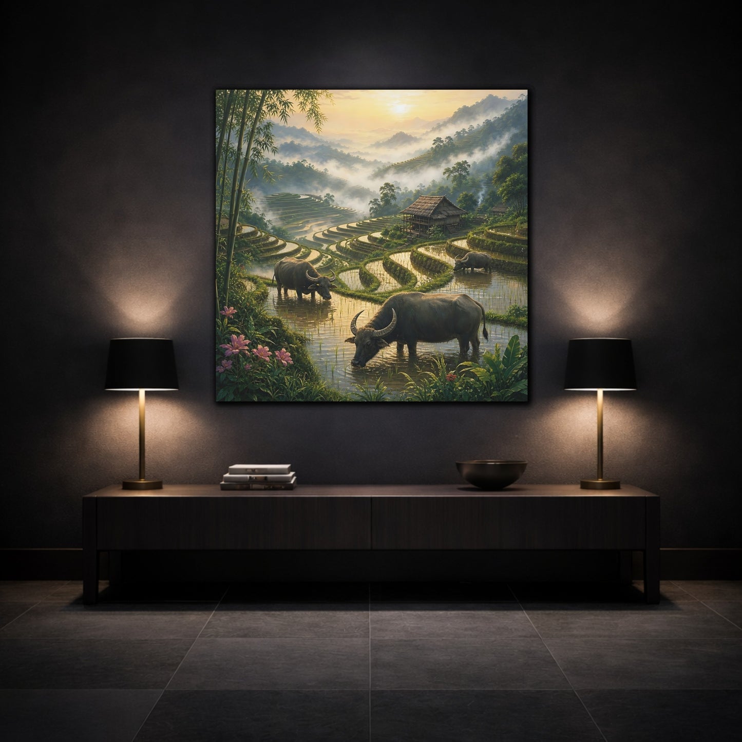 Mockup 3. Nature Water Buffalo Misty Rice Paddies shown as stretched canvas wall art