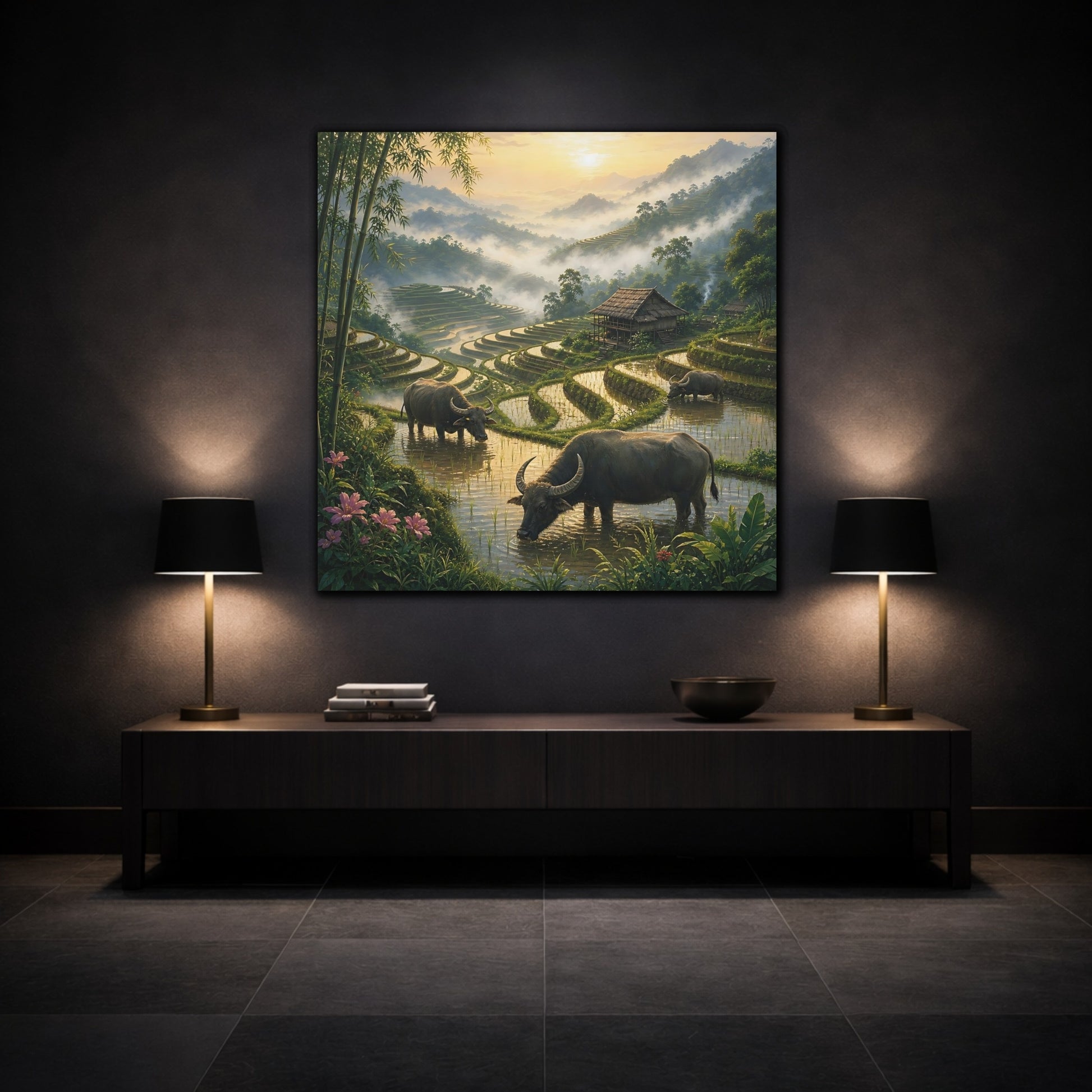 Mockup 3. Nature Water Buffalo Misty Rice Paddies shown as stretched canvas wall art