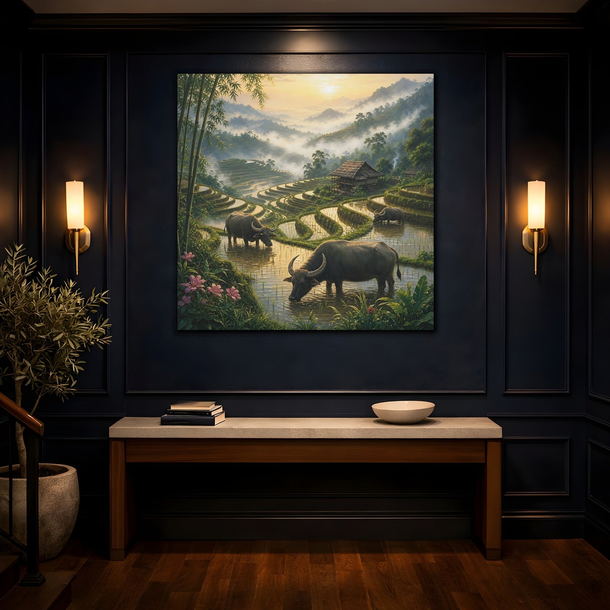 Mockup 4. Nature Water Buffalo Misty Rice Paddies shown as stretched canvas wall art