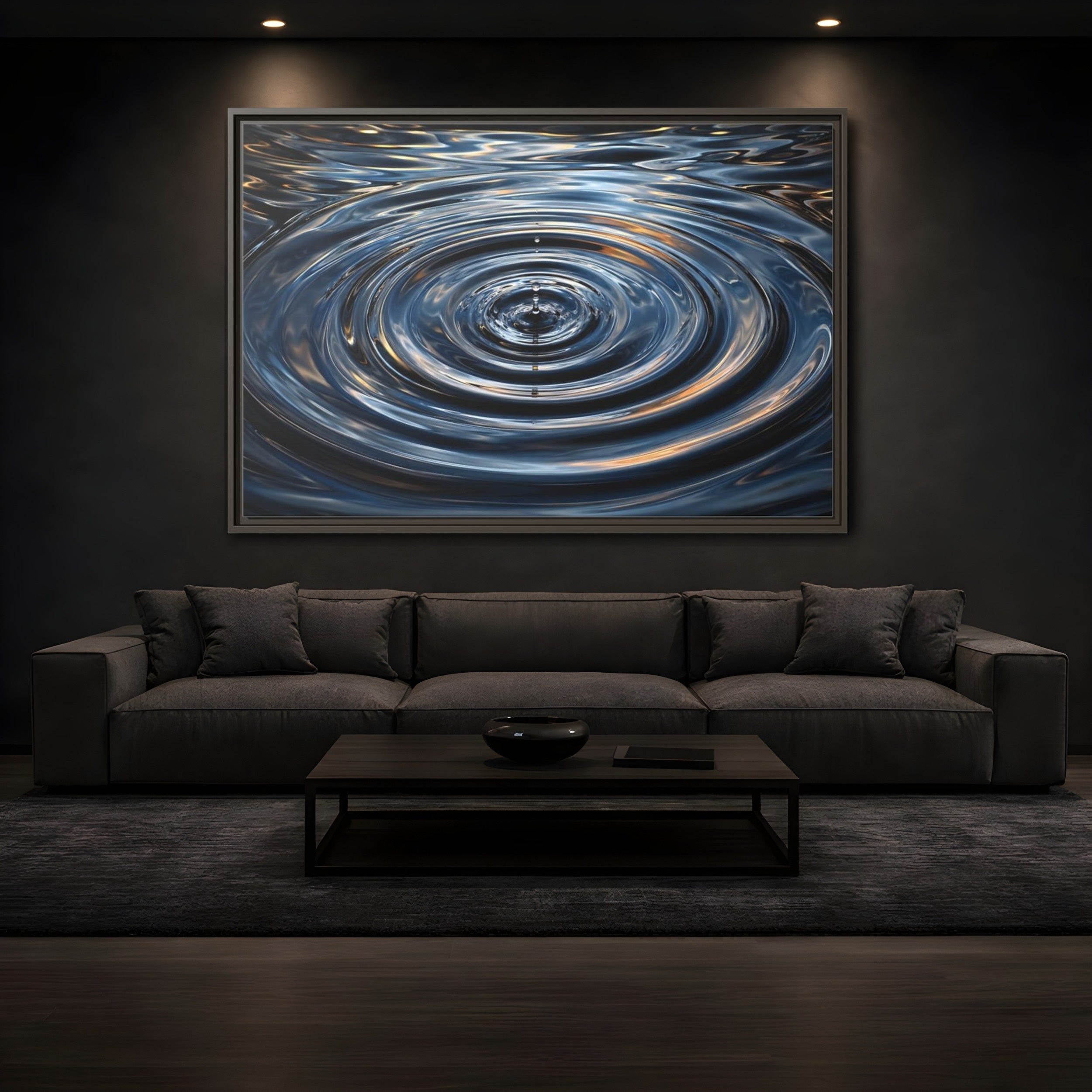 Mockup 3. Nature Water Drop Blue And Gold shown as stretched canvas wall art