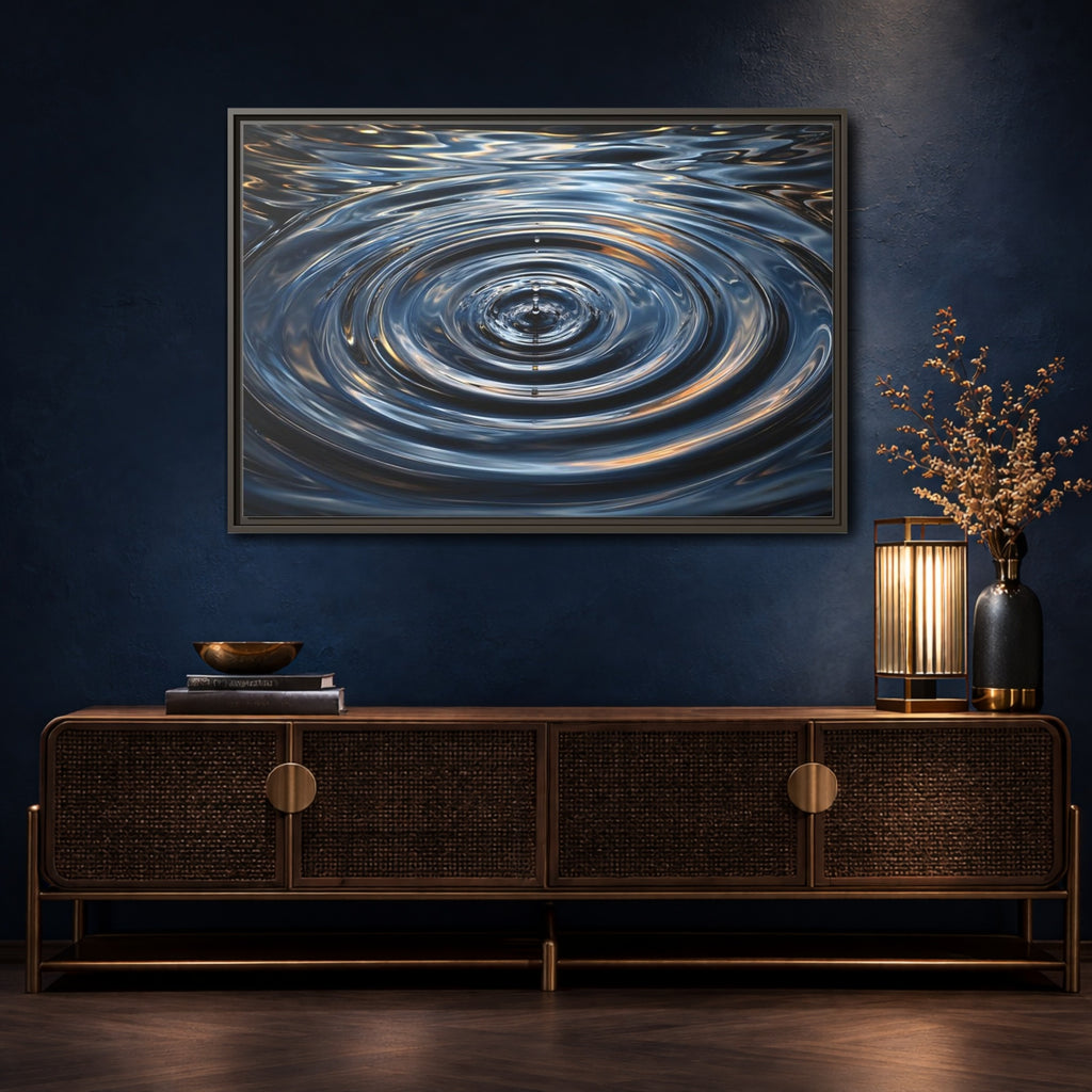 Mockup 4. Nature Water Drop Blue And Gold shown as stretched canvas wall art