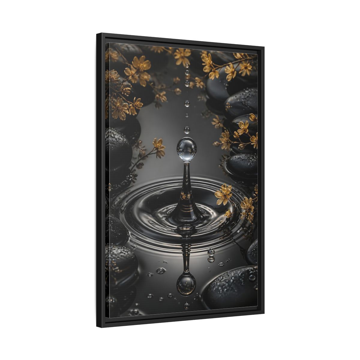Side Mockup 14. Nature Water Droplet Black Gold Water shown as stretched canvas wall art