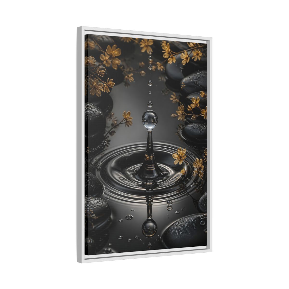Side Mockup 10. Nature Water Droplet Black Gold Water shown as stretched canvas wall art