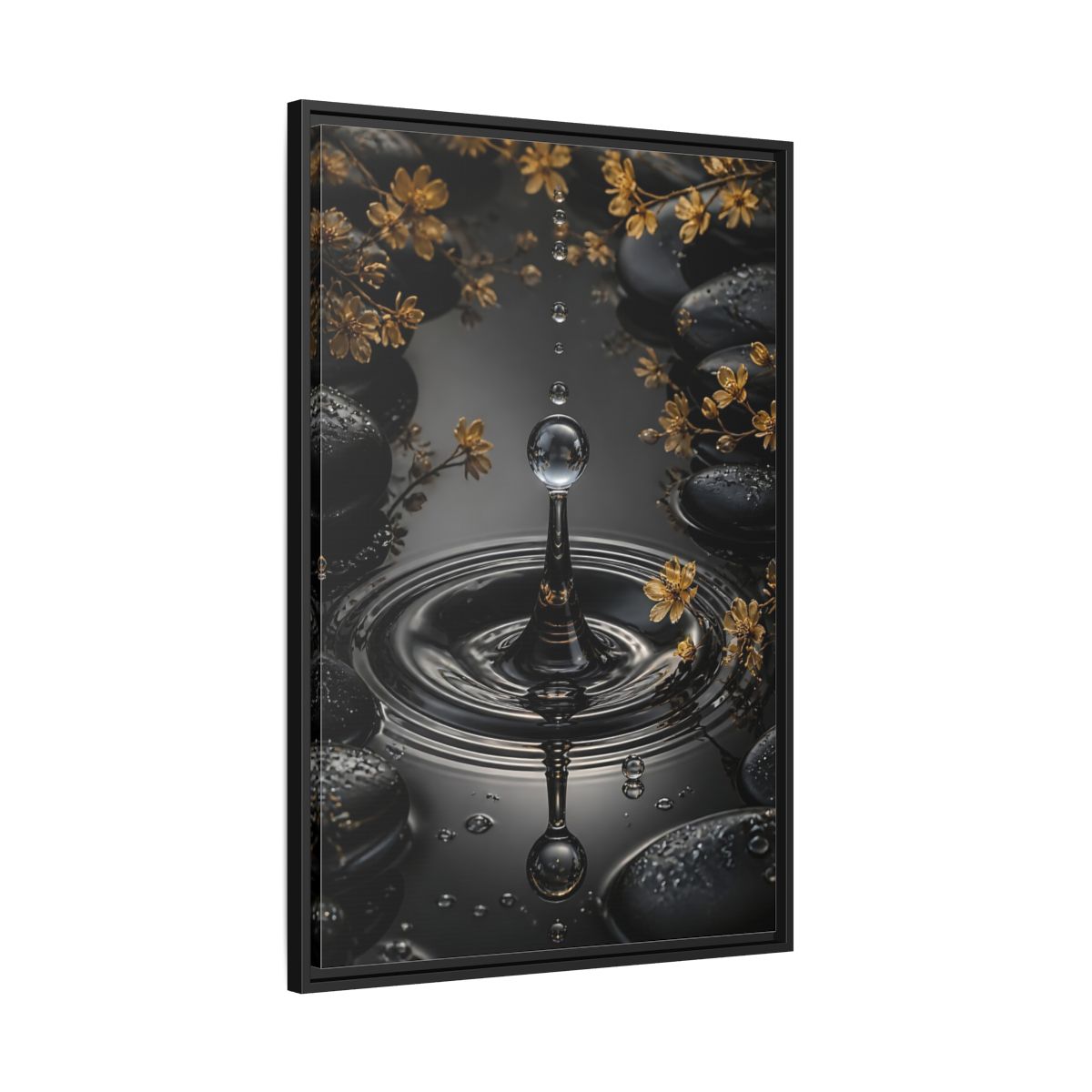 Side Mockup 13. Nature Water Droplet Black Gold Water shown as stretched canvas wall art