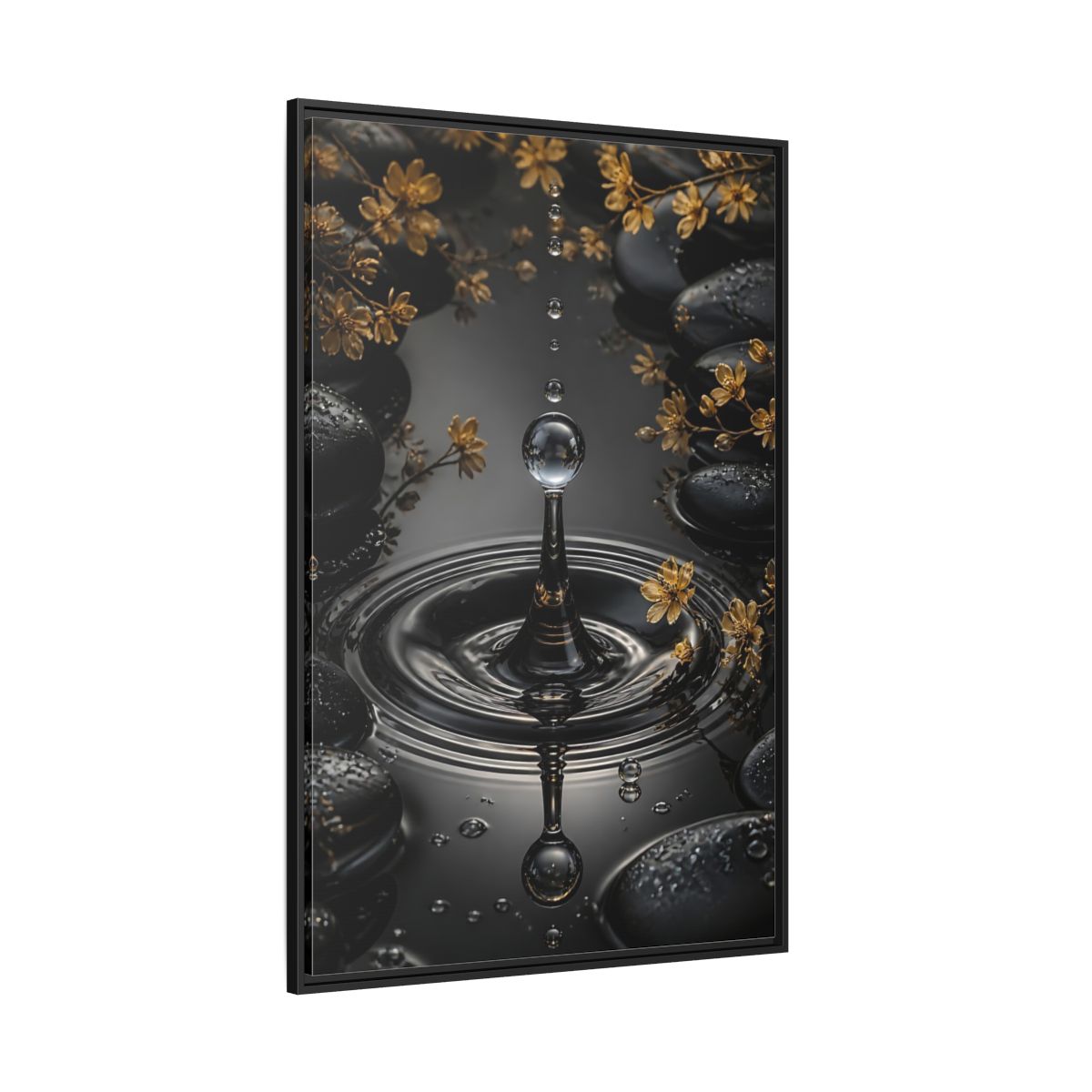 Side Mockup 12. Nature Water Droplet Black Gold Water shown as stretched canvas wall art
