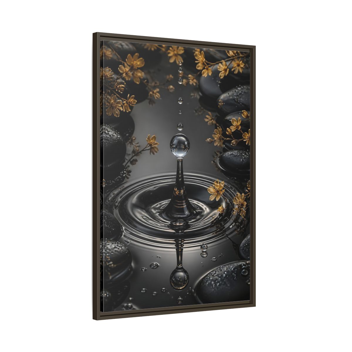 Main Mockup. Nature Water Droplet Black Gold Water shown as stretched canvas wall art