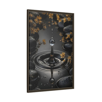 Main Mockup. Nature Water Droplet Black Gold Water shown as stretched canvas wall art
