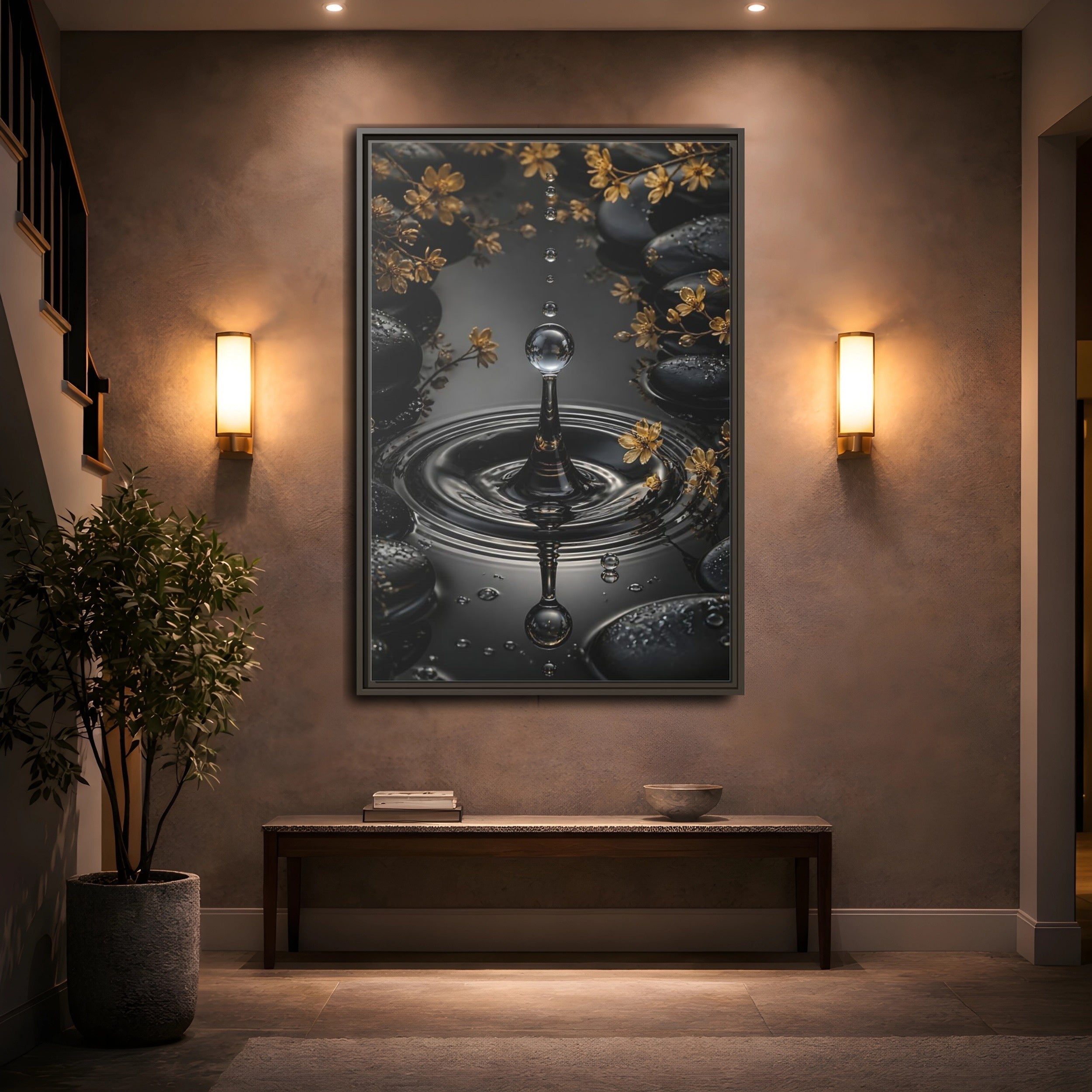 Mockup 2. Nature Water Droplet Black Gold Water shown as stretched canvas wall art