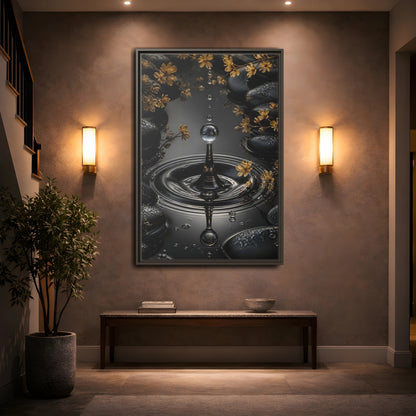 Mockup 2. Nature Water Droplet Black Gold Water shown as stretched canvas wall art