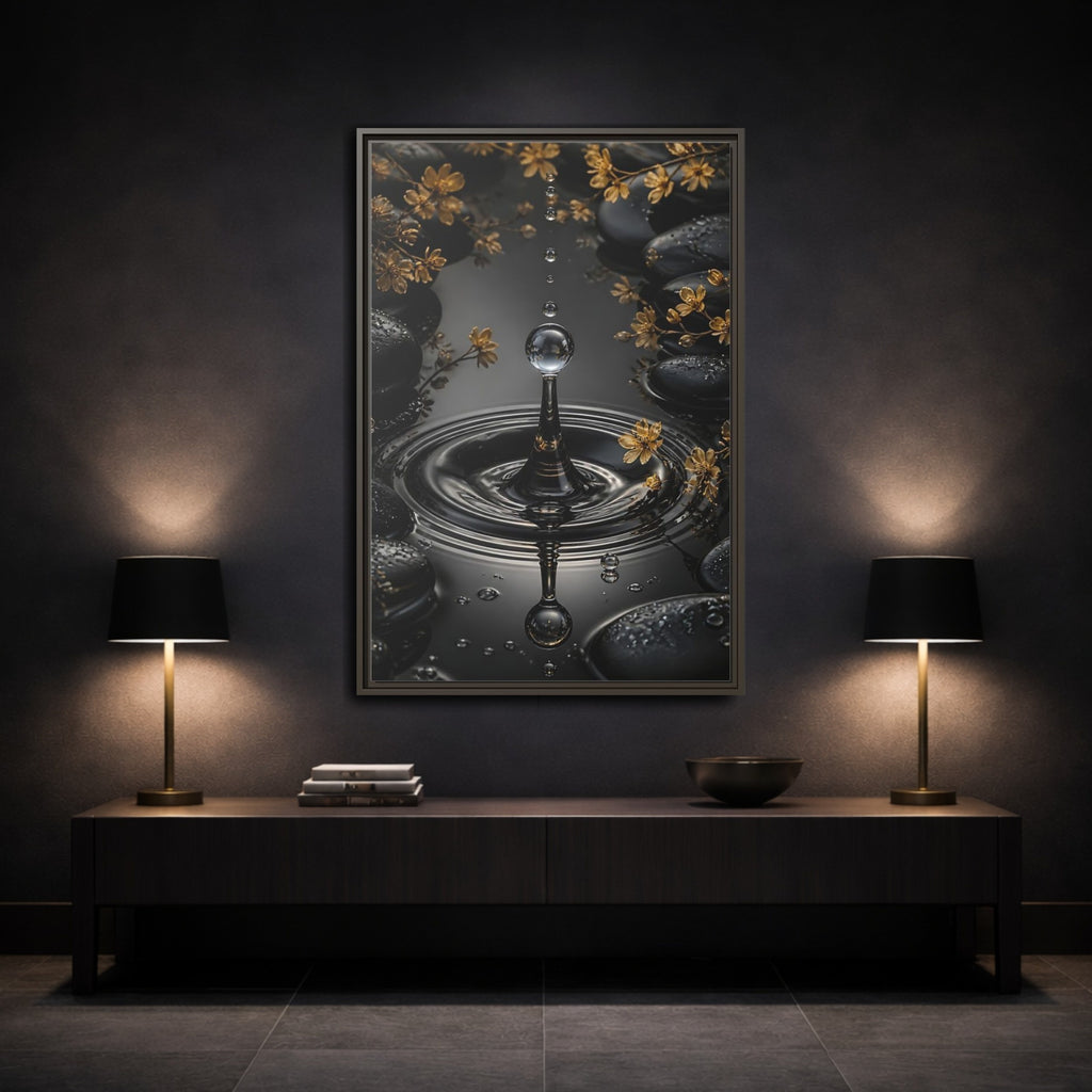 Mockup 3. Nature Water Droplet Black Gold Water shown as stretched canvas wall art