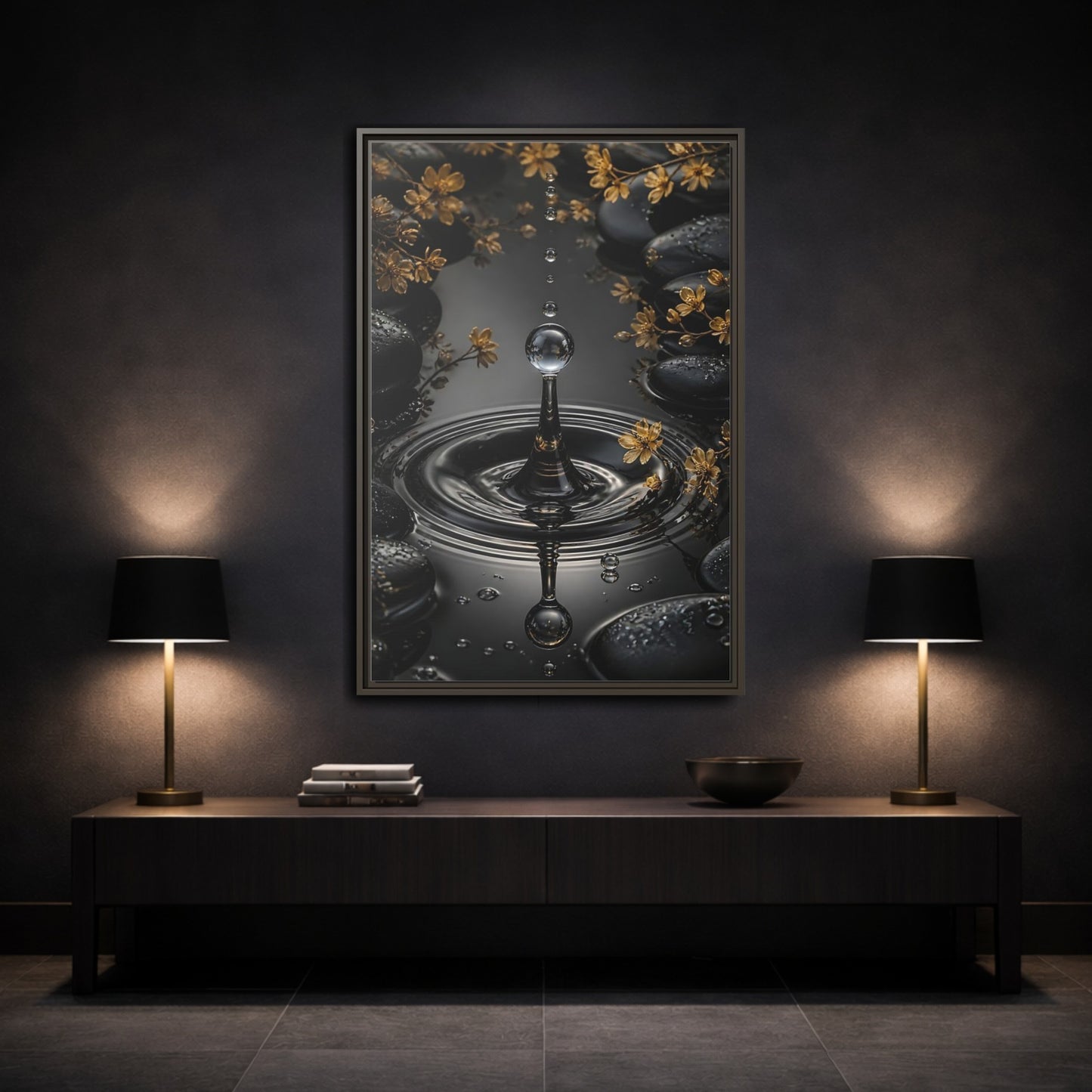 Mockup 3. Nature Water Droplet Black Gold Water shown as stretched canvas wall art