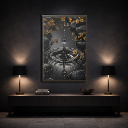 Mockup 3. Nature Water Droplet Black Gold Water shown as stretched canvas wall art