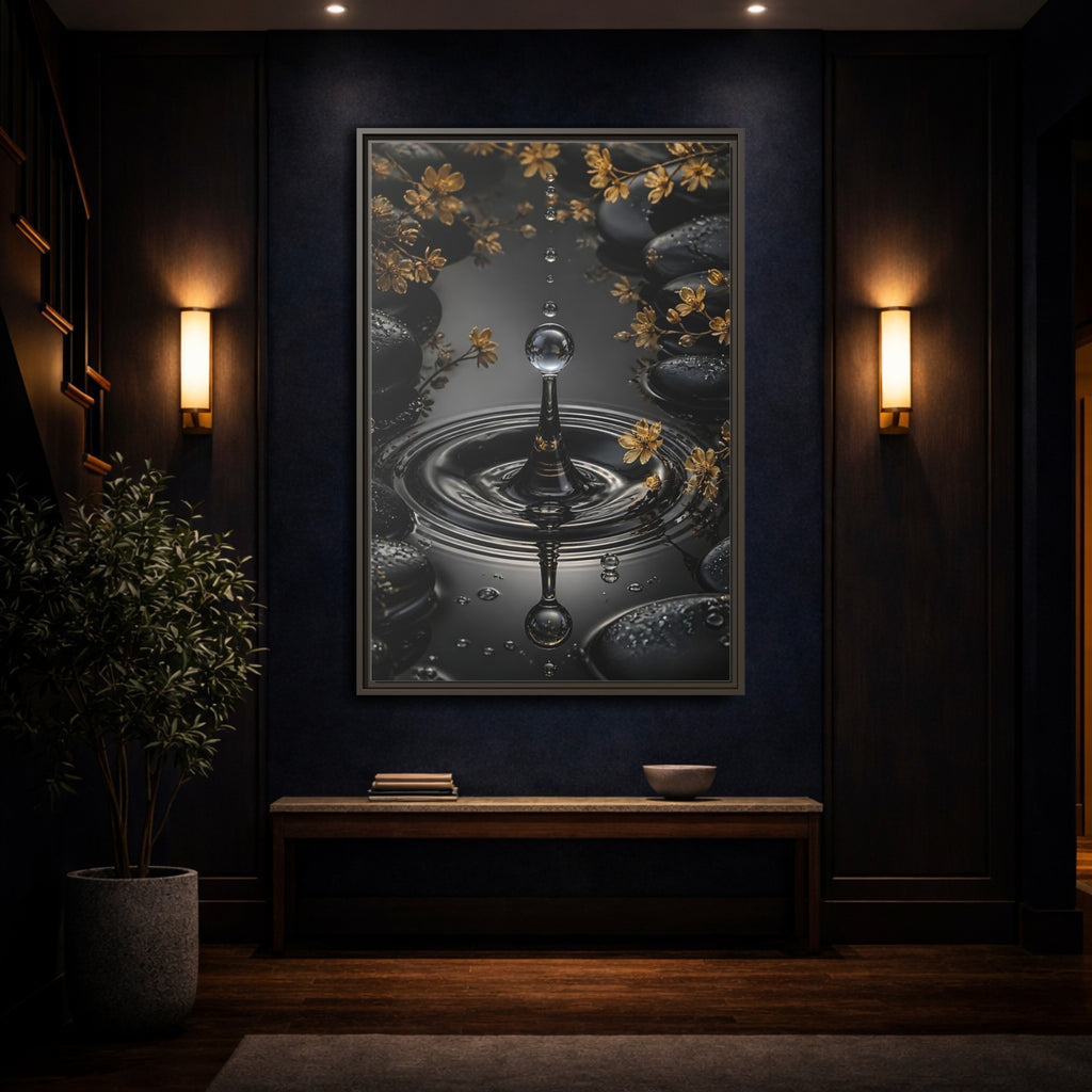 Mockup 4. Nature Water Droplet Black Gold Water shown as stretched canvas wall art