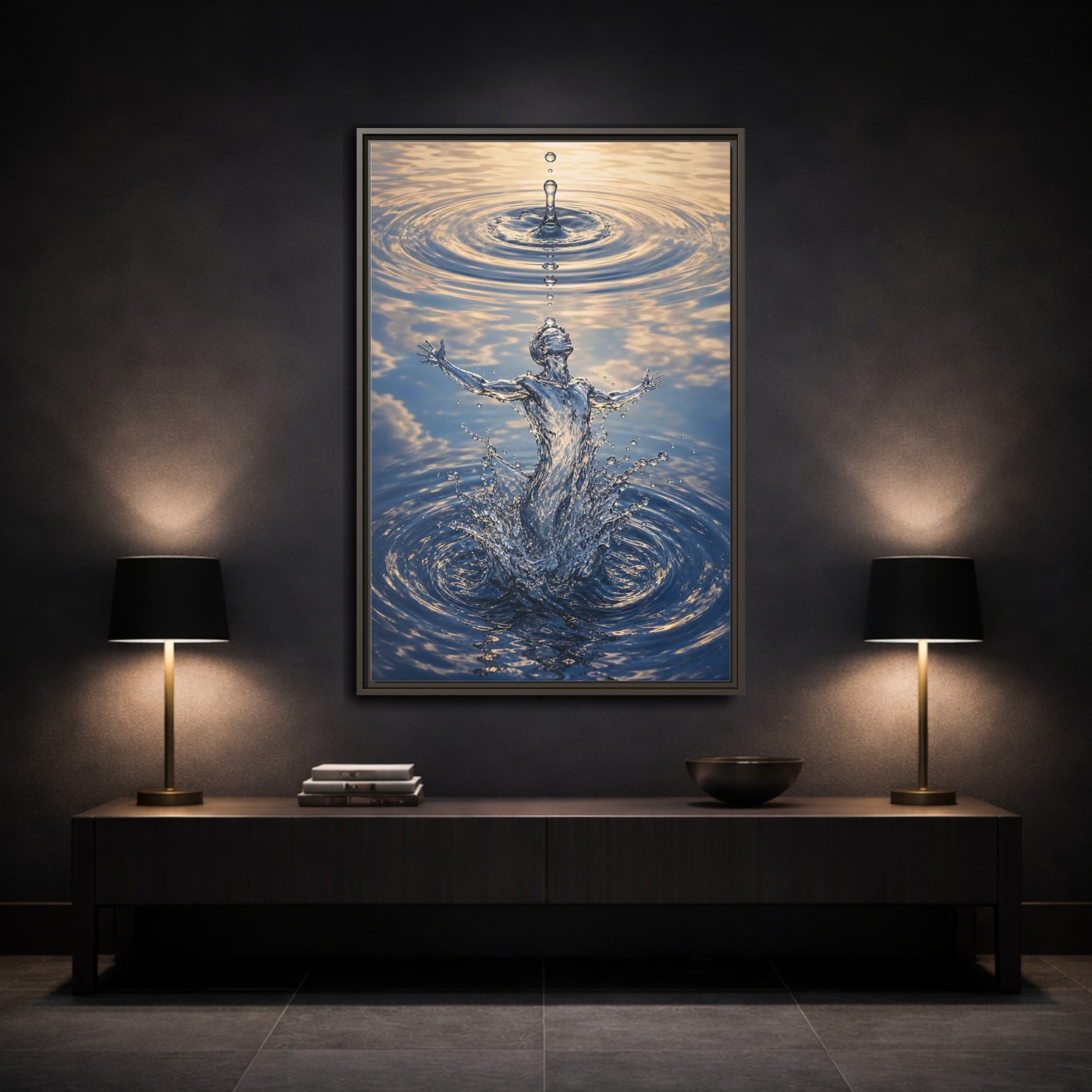 Mockup 3. Nature Water Figure Blue Water Figure shown as stretched canvas wall art
