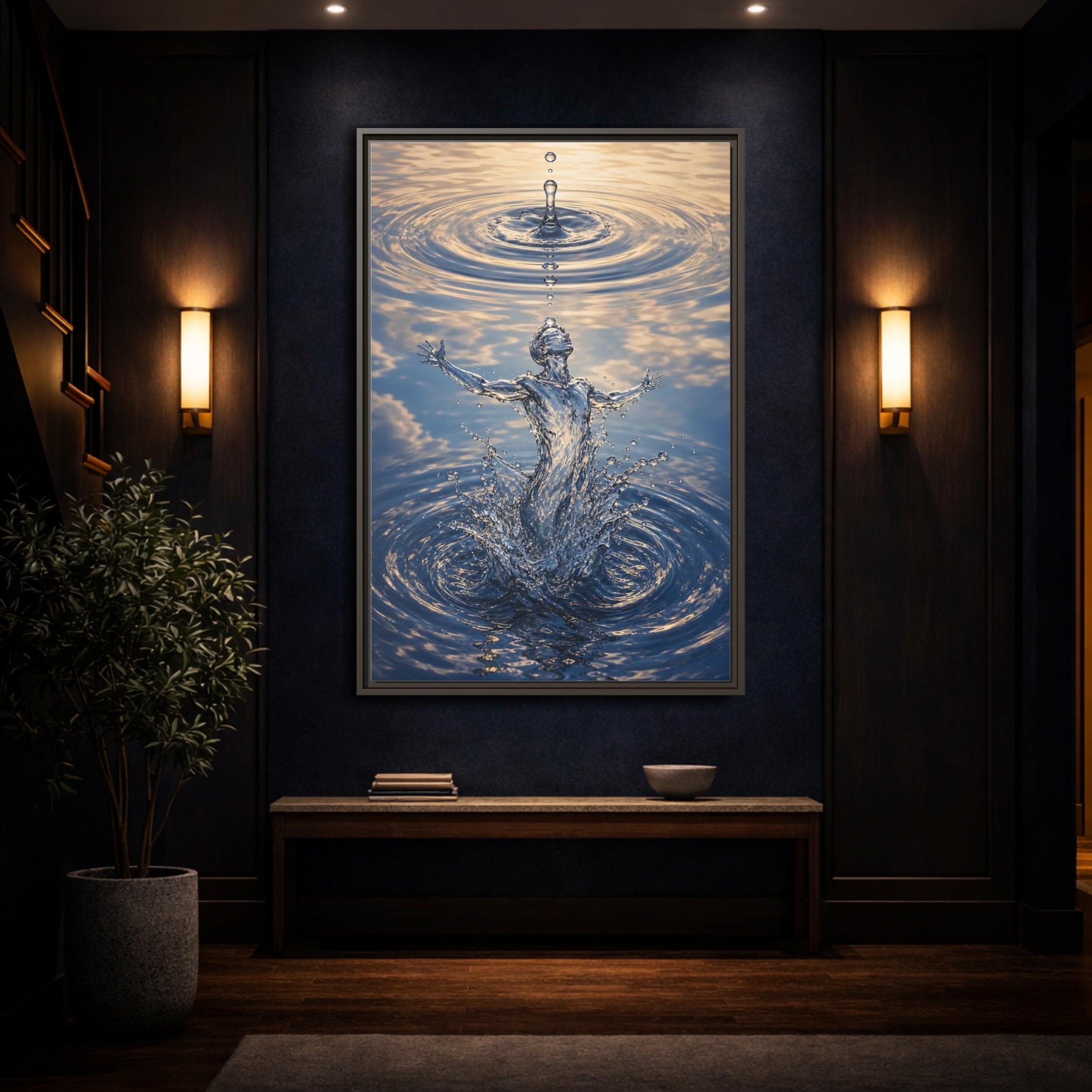 Mockup 4. Nature Water Figure Blue Water Figure shown as stretched canvas wall art