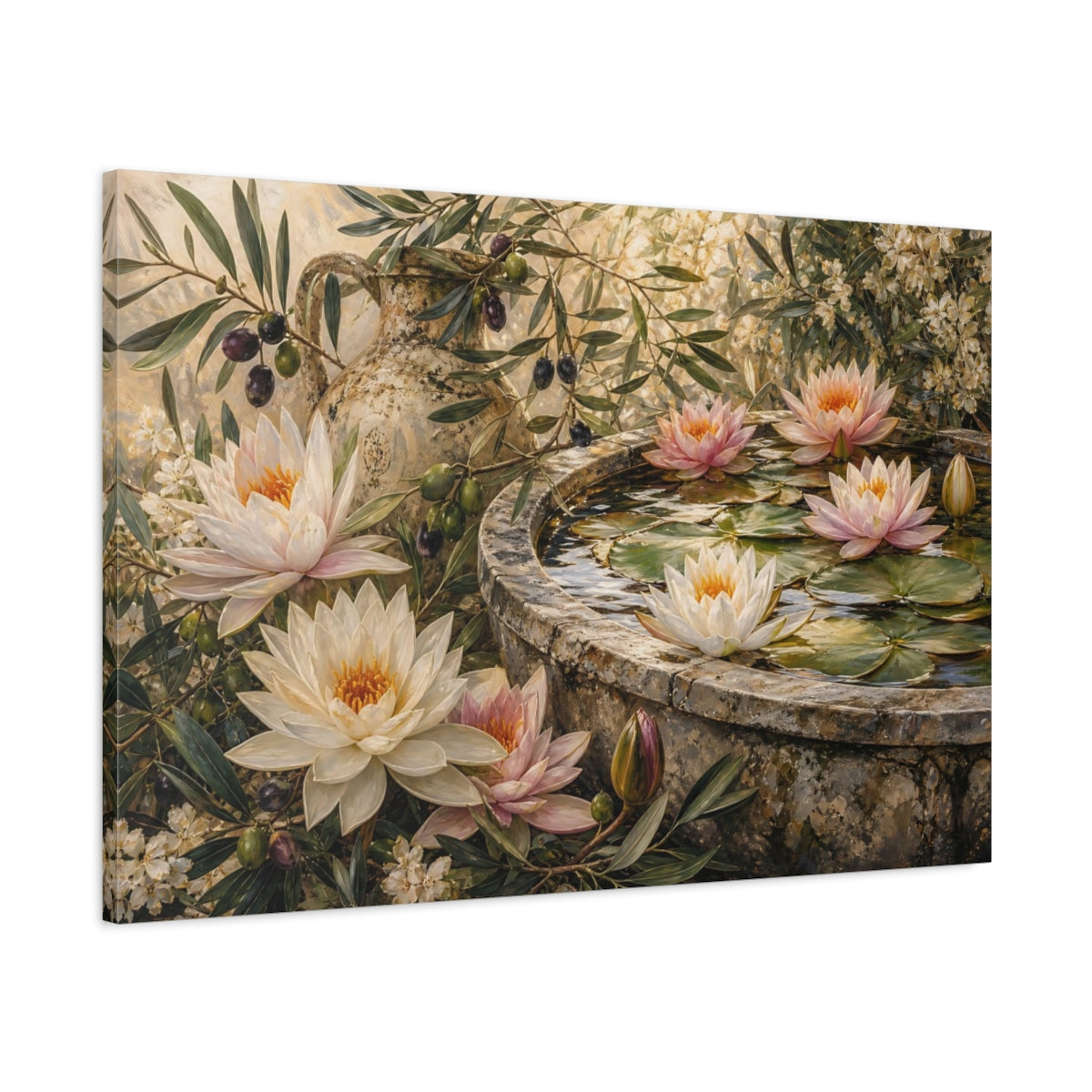 Main Mockup. Nature Water Lilies Floral Garden Scene shown as stretched canvas wall art