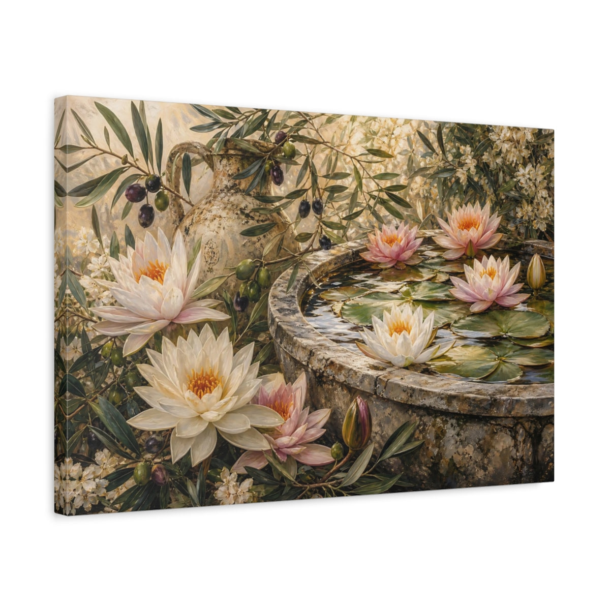 Side Mockup 3. Nature Water Lilies Floral Garden Scene shown as stretched canvas wall art