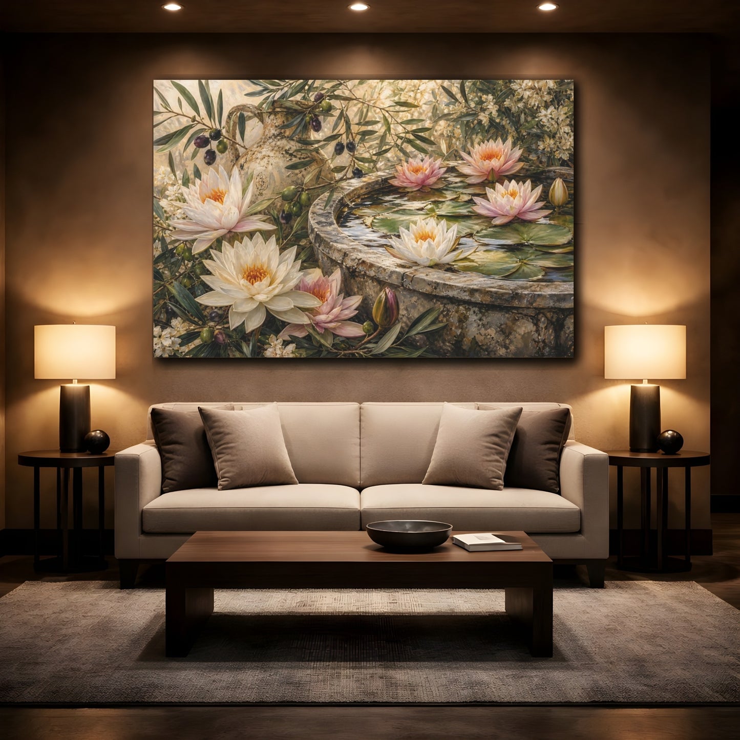 Mockup 2. Nature Water Lilies Floral Garden Scene shown as stretched canvas wall art
