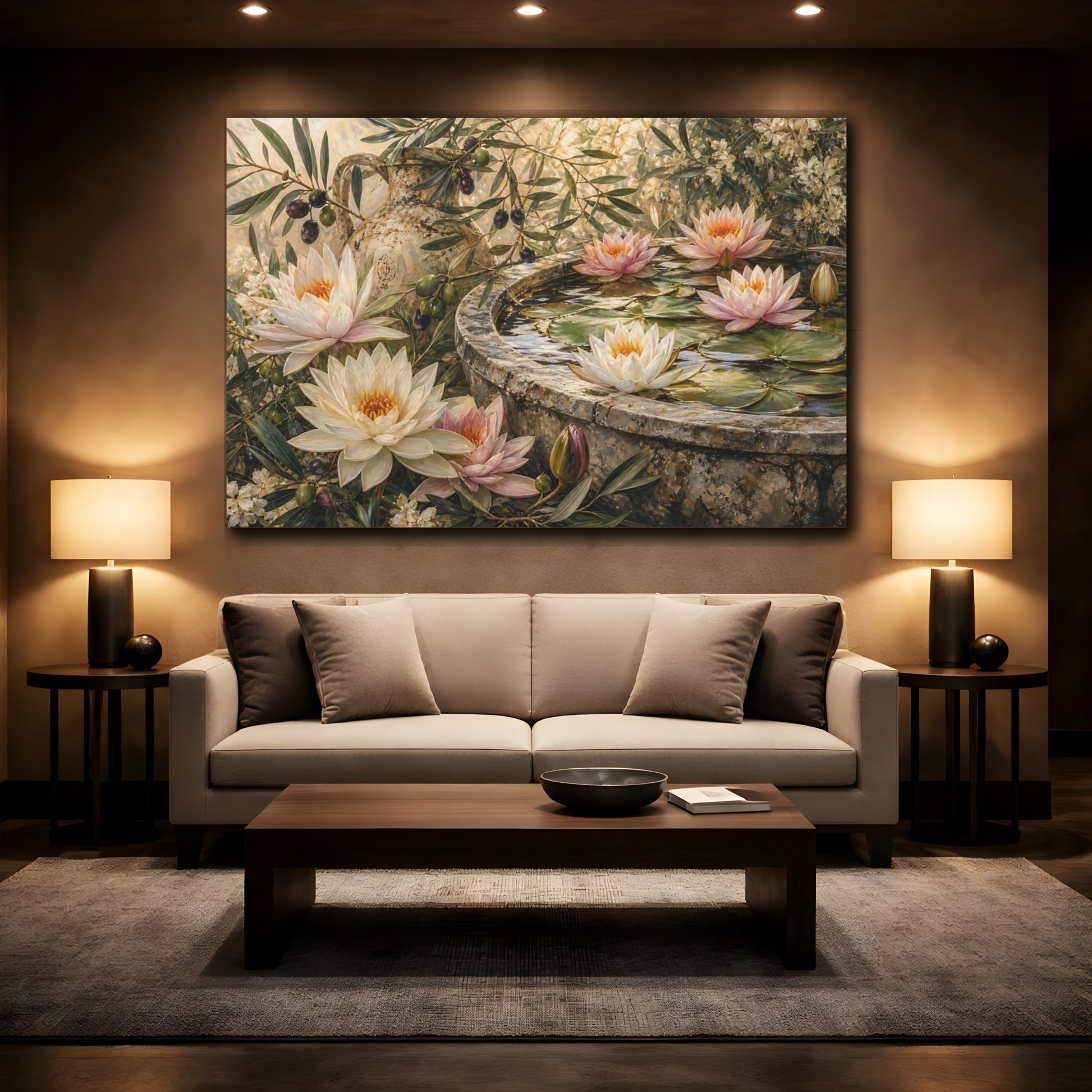 Mockup 2. Nature Water Lilies Floral Garden Scene shown as stretched canvas wall art