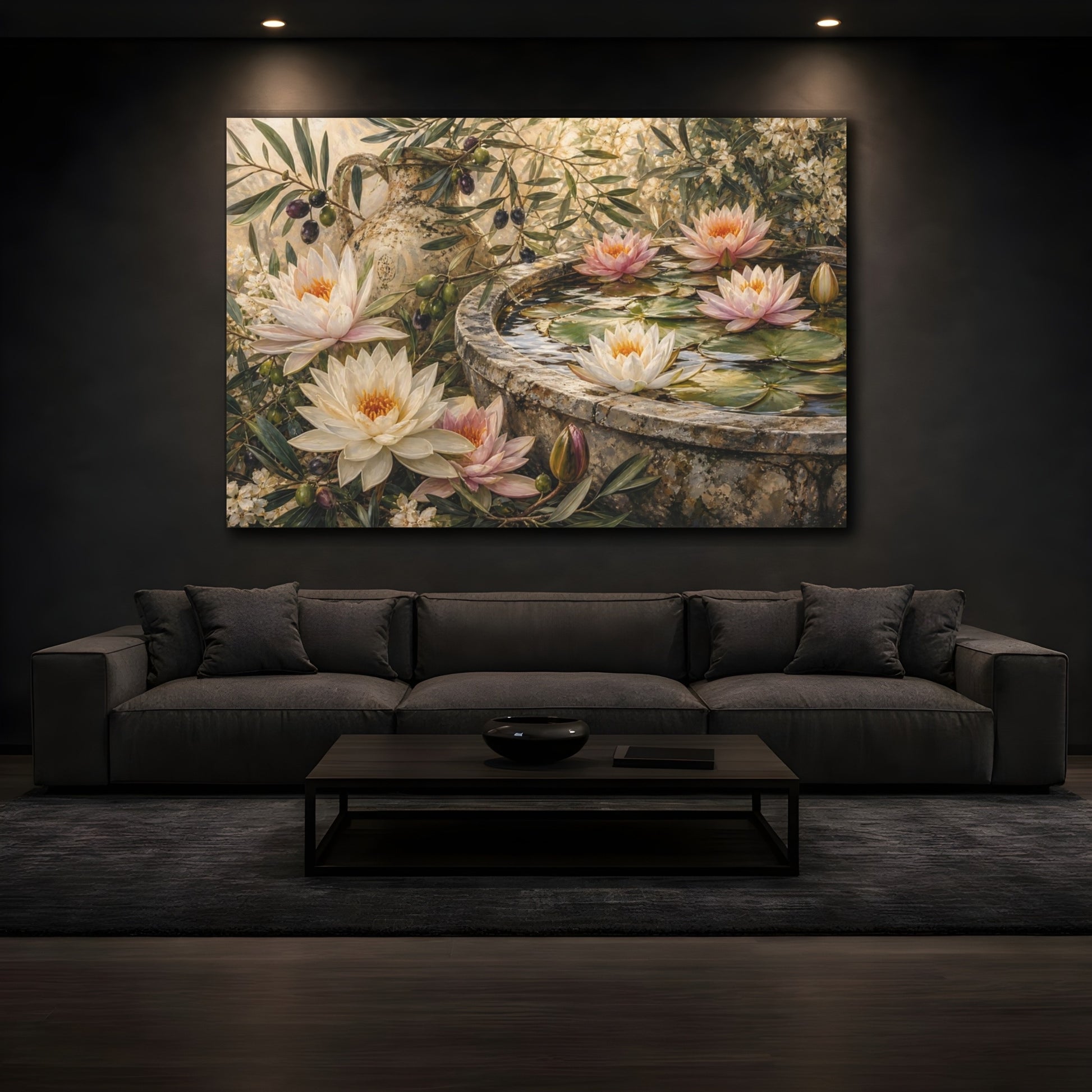 Mockup 3. Nature Water Lilies Floral Garden Scene shown as stretched canvas wall art
