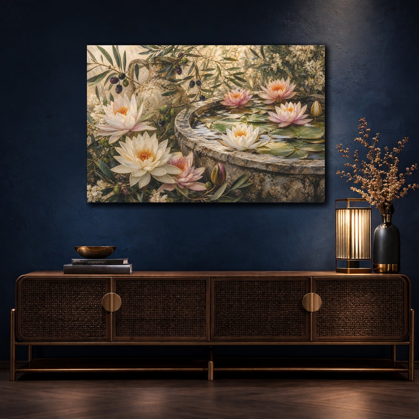 Mockup 4. Nature Water Lilies Floral Garden Scene shown as stretched canvas wall art