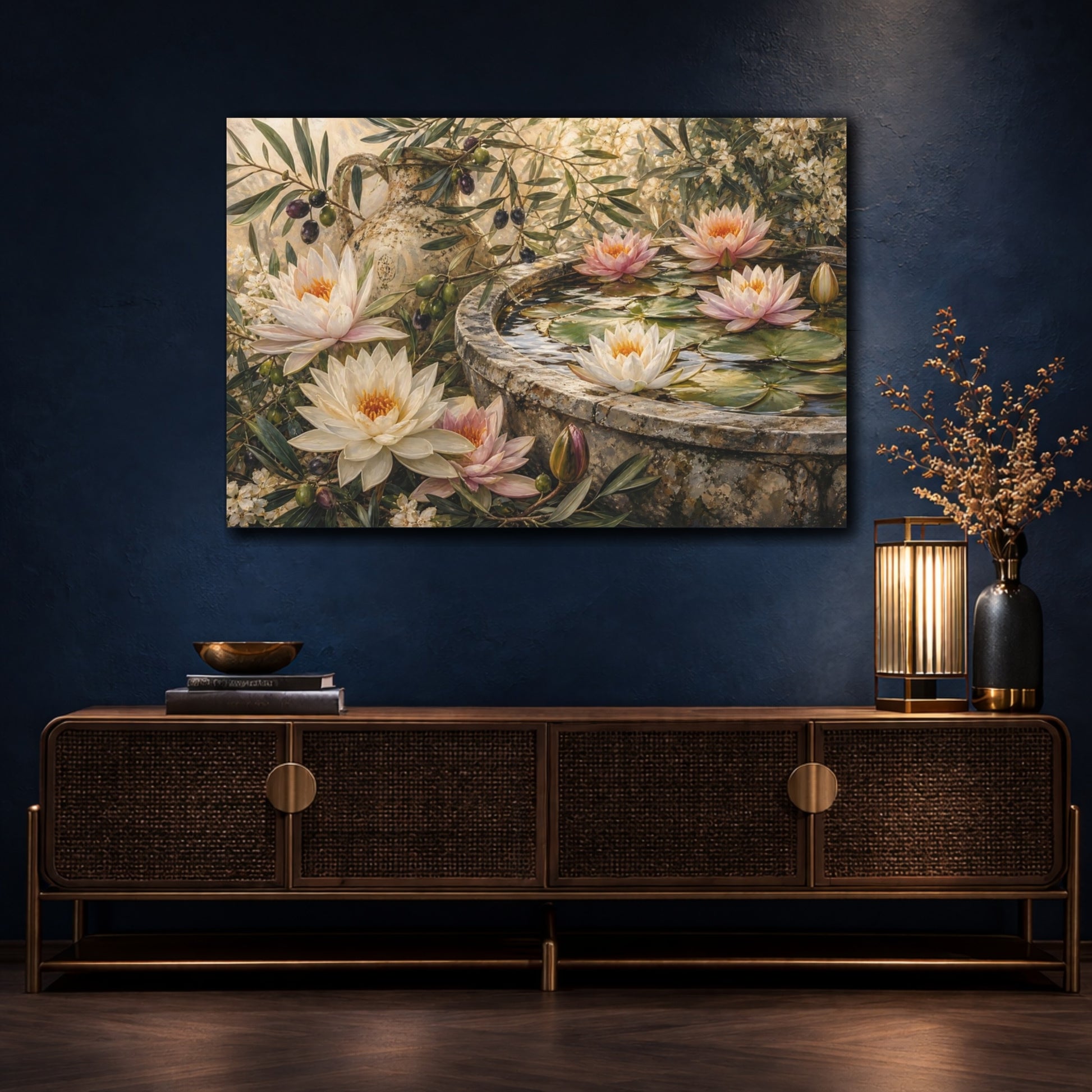 Mockup 4. Nature Water Lilies Floral Garden Scene shown as stretched canvas wall art