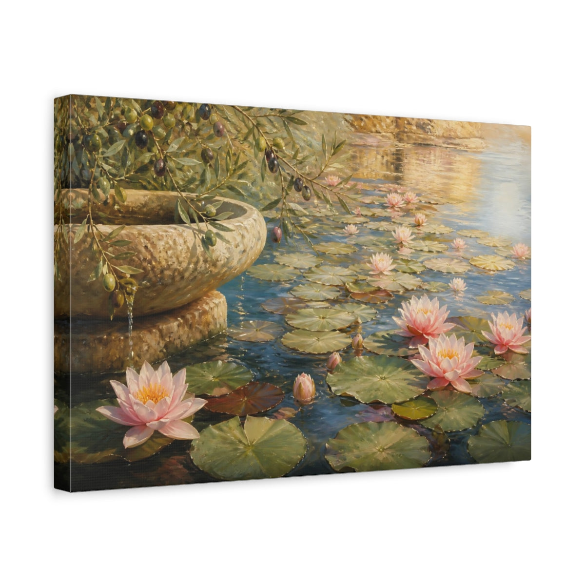 Side Mockup 4. Nature Water Lilies Pink Water Lilies shown as stretched canvas wall art