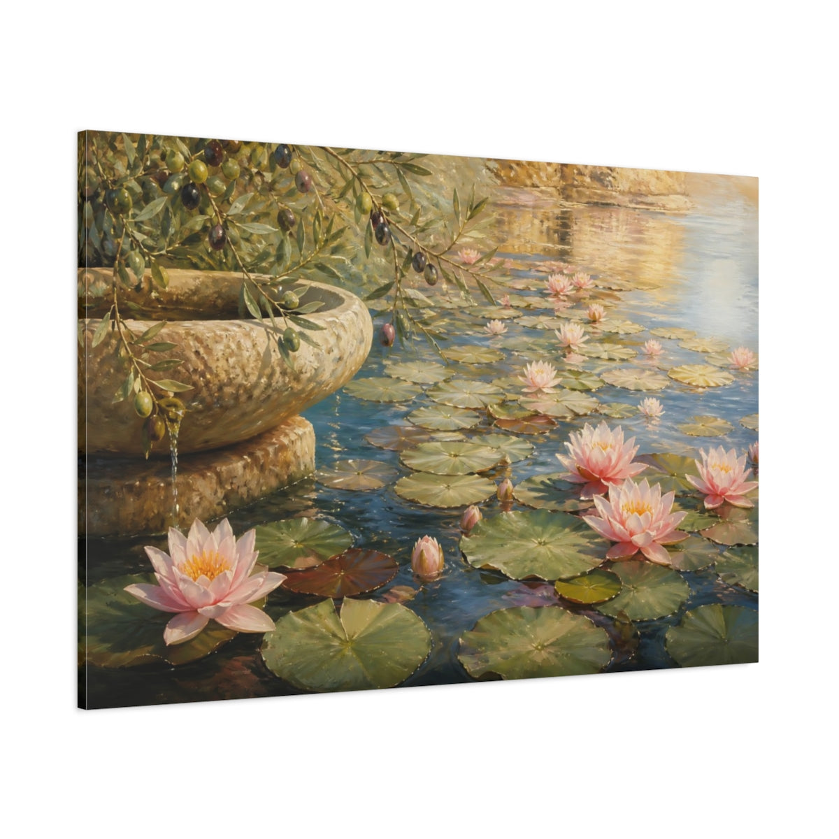 Side Mockup 1. Nature Water Lilies Pink Water Lilies shown as stretched canvas wall art